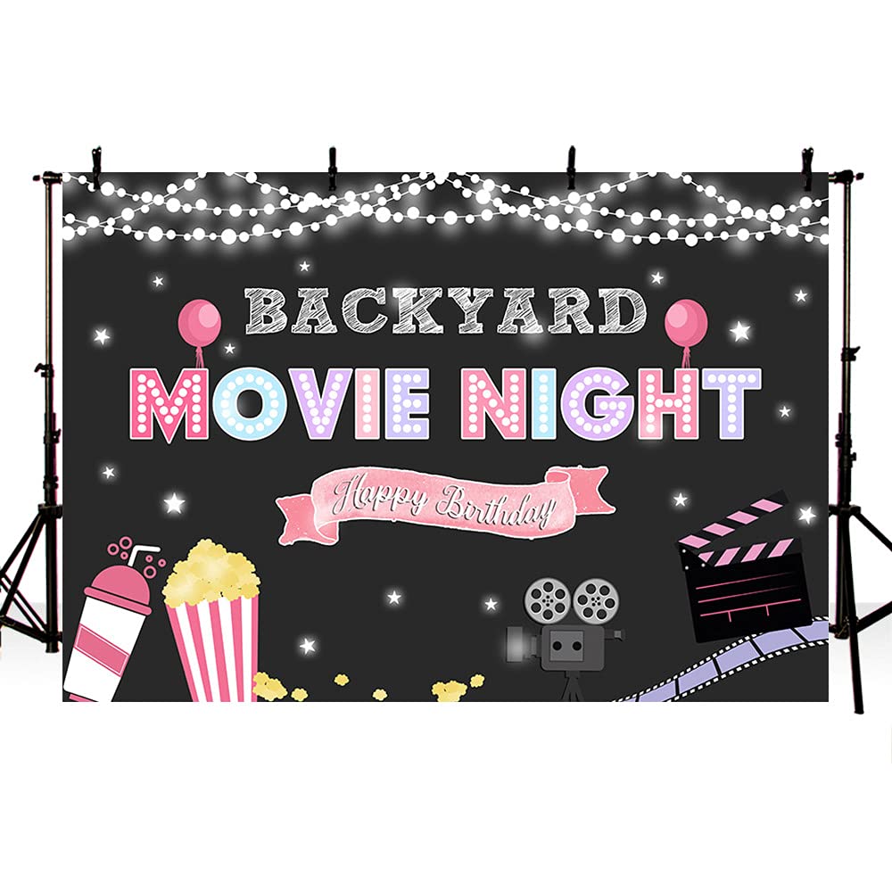7x5ft Pink Movie Night Backdrop for Girls - Birthday Party Decorations, Backyard Projector Screen, Cake Table Banner, Popcorn & Sparkling Drink Background - Perfect for Birthday Parties, Movie Nights & Outdoor Gatherings