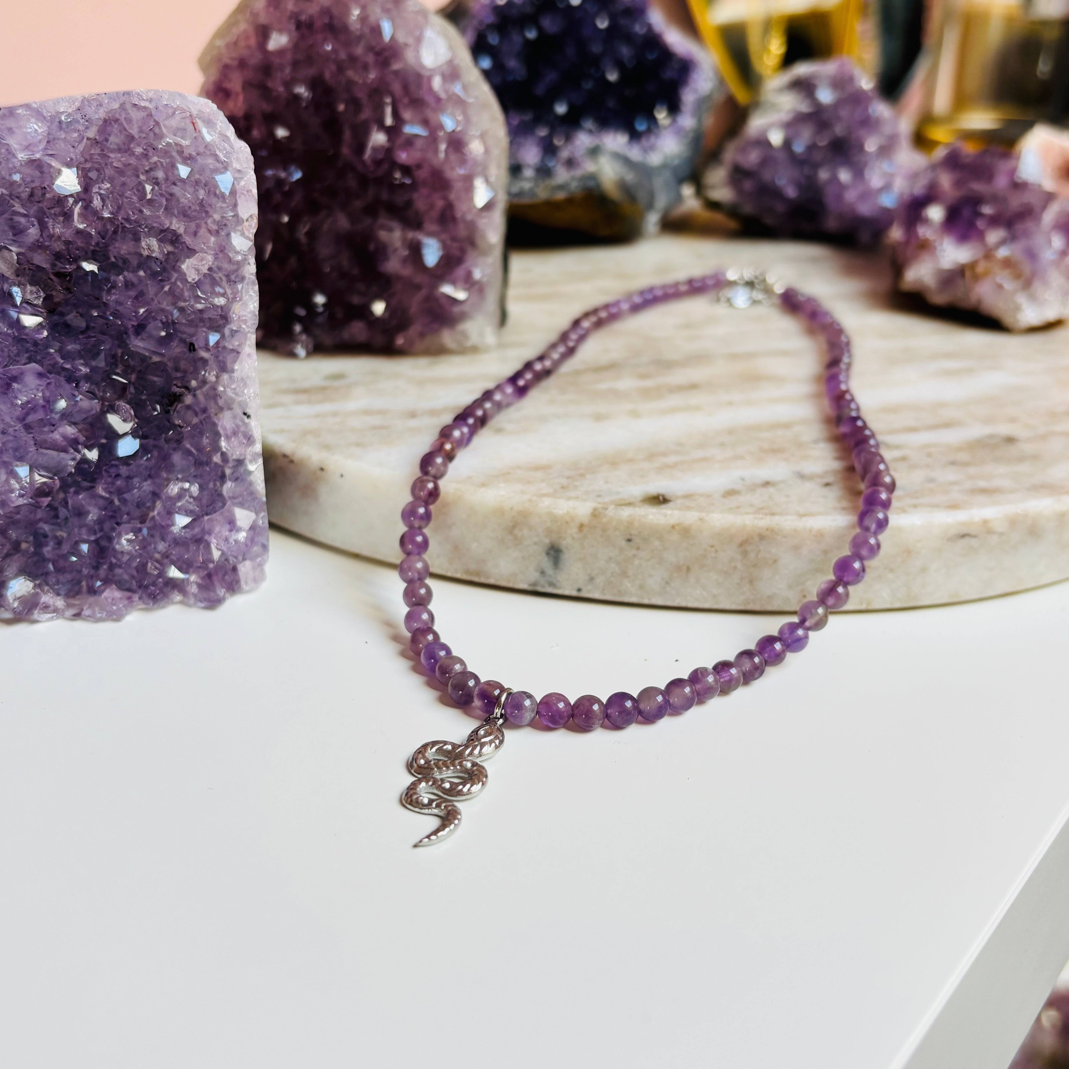 Amethyst Snake Charm Necklace for Women - Elegant Purple Gemstone Jewelry for Boho Style, Spiritual Healing & Everyday Wear