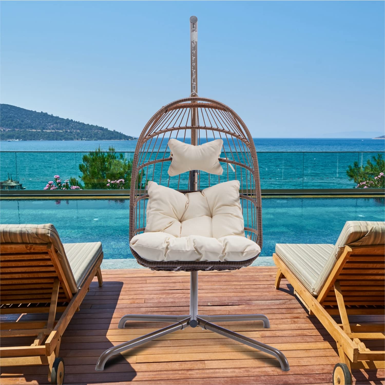 Brown Wicker Egg Chair with Stand - Indoor/Outdoor Hanging Swing Chair with Soft Deep Cushion - Relaxing Basket Chair for Patio, Garden, Living Room & Bedroom