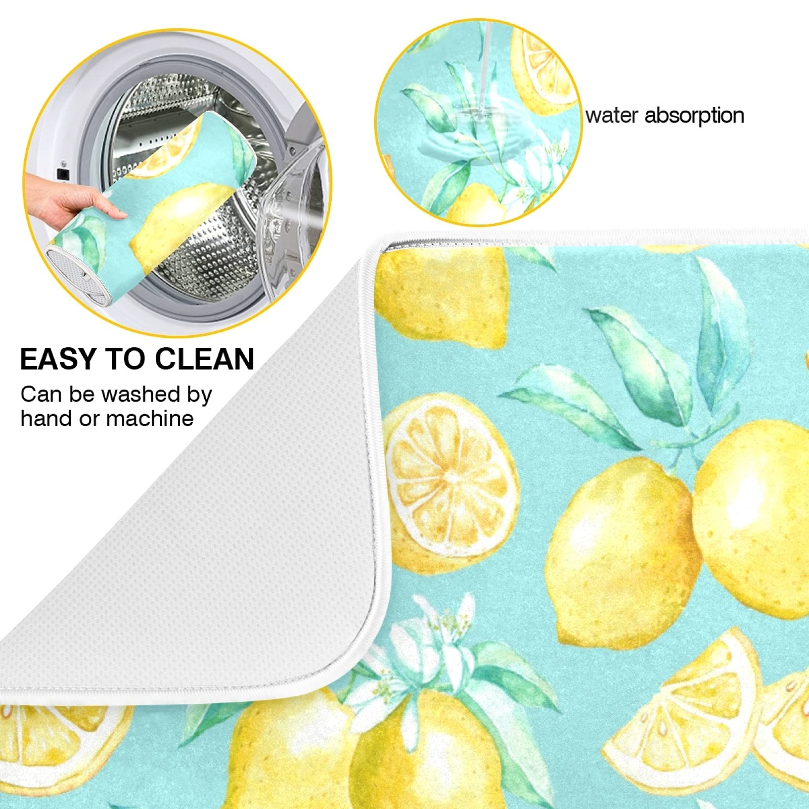 Absorbent Reversible Microfiber Dish Drying Mat - 18x24 Inch Kitchen Counter Protector with Lemon Fruit Design | Perfect for Drying Dishes, Protecting Countertops & Adding Summer Decor to Your Kitchen