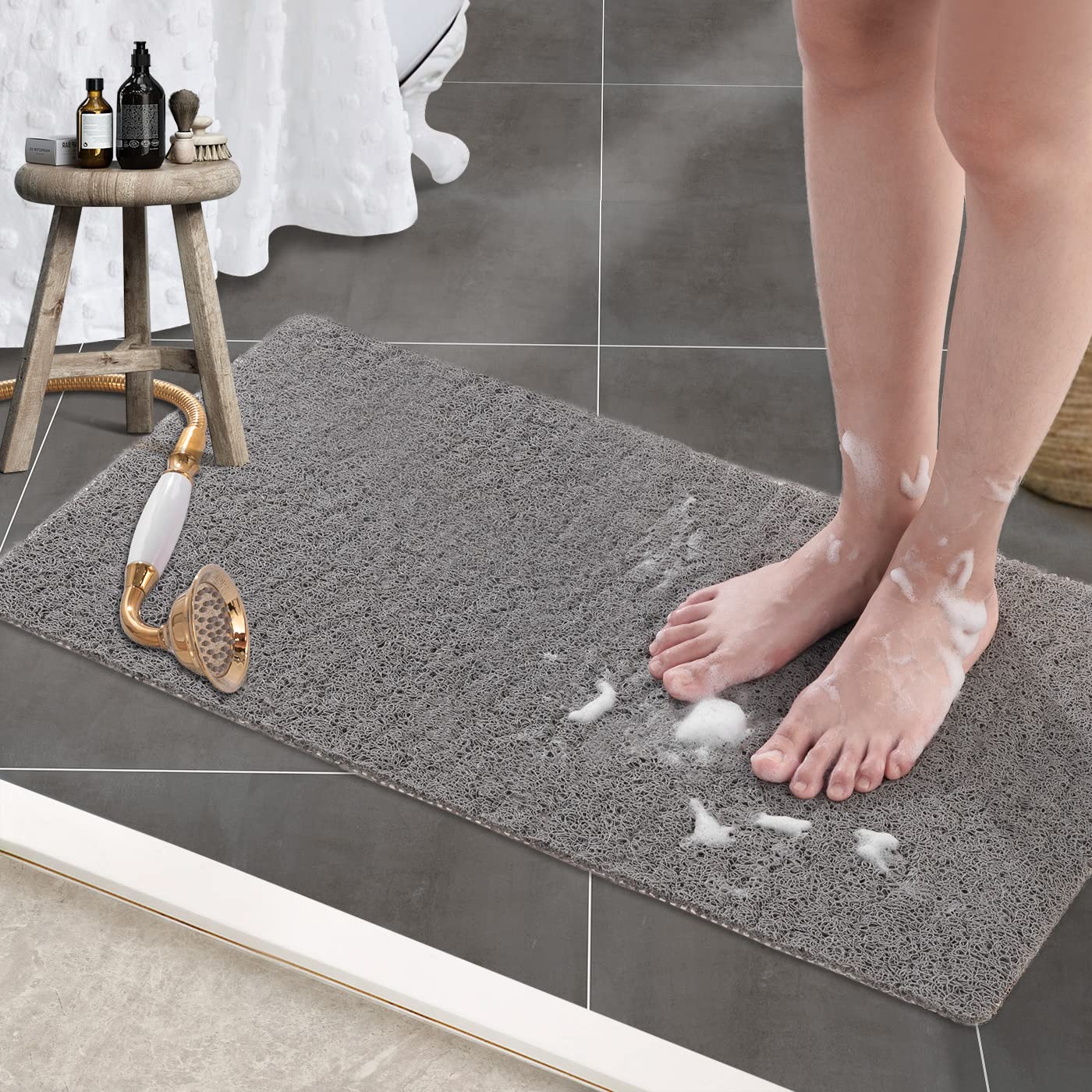 Non-Slip Bathtub Mat 18x30 Inch - Safety Shower Mat with PVC Loofah Texture, Quick Drying Bathroom Floor Mat for Wet Areas (Grey) - Perfect for Bathrooms, Showers & Spa Areas to Prevent Slips & Falls