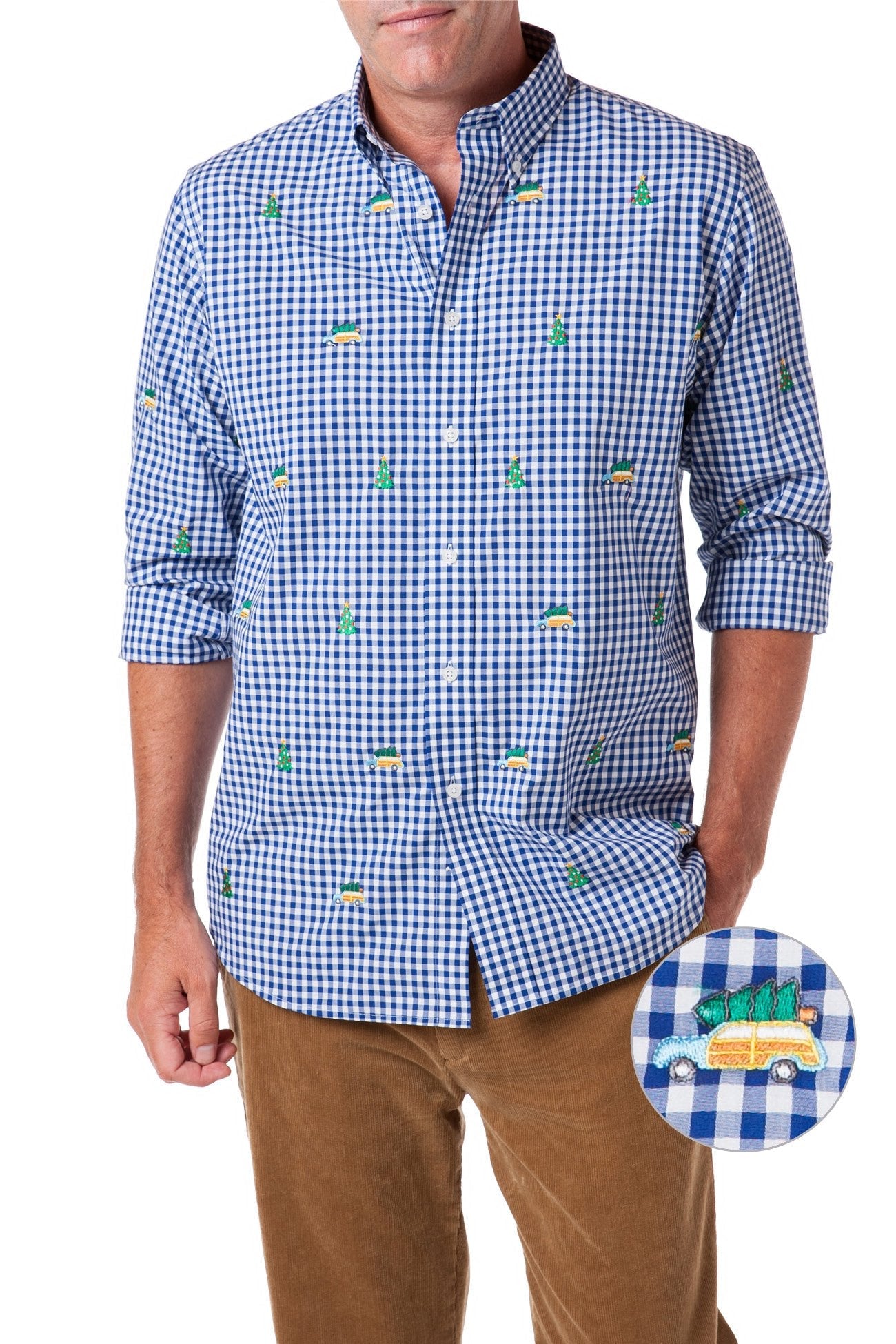 Straight Wharf Shirt Wide Gingham Royal Blue with Woody and Christmas Tree Print - Casual Button Down Shirt for Men - Perfect for Holiday Parties, Christmas Gatherings and Festive Office Wear