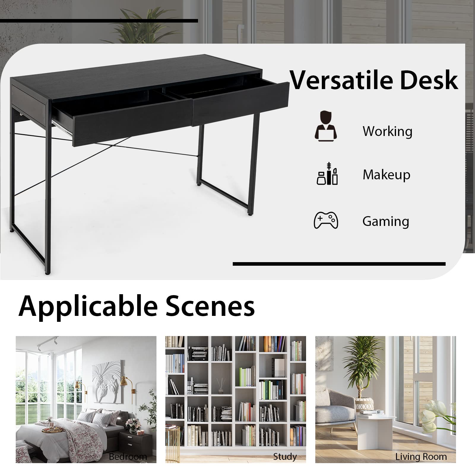Tangkula 44-Inch Computer Desk with 2 Drawers - Sturdy Wooden Writing Desk with Steel Frame, Home Office Workstation for Laptop & PC - Perfect for Small Spaces, Bedroom, Study Room & Home Office (Black)