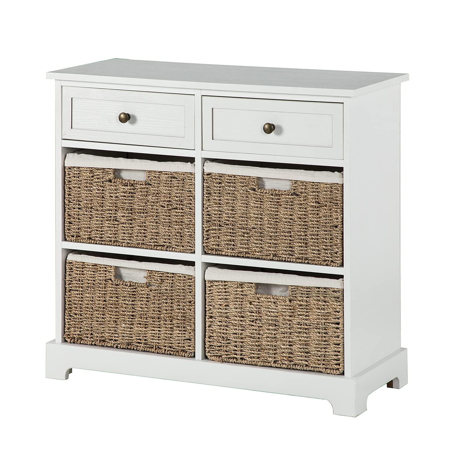 Vintage Rustic Storage Chest with 2 Drawers & 4 Removable Woven Baskets - Wooden Accent Cabinet for Bedroom, Living Room, Entryway - Perfect for Organizing Blankets, Toys & Home Decor