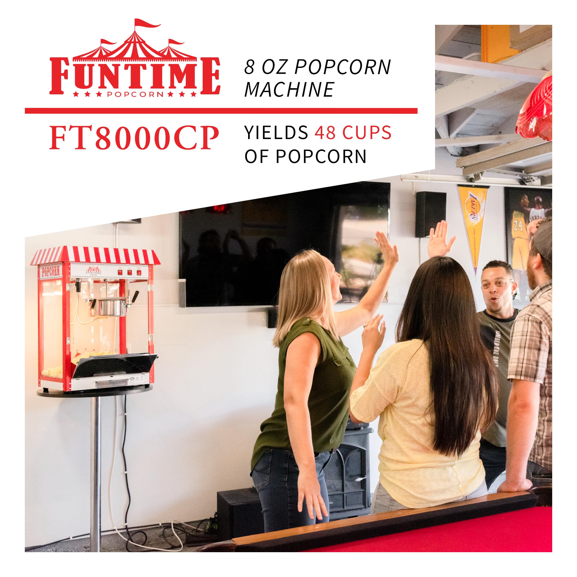Funtime FT8000CP Commercial Popcorn Maker Machine - 8 oz Capacity, Red - Perfect for Movie Nights, Parties, and Concession Stands
