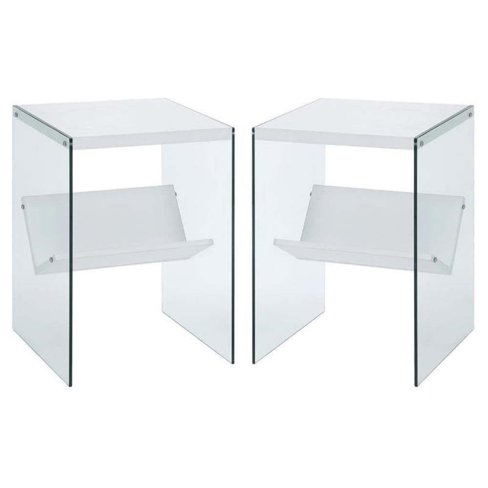 White Wood Finish & Clear Glass End Table Set of 2 - Modern Side Table for Living Room, Bedroom, or Office - Perfect for Coffee, Books, and Decor