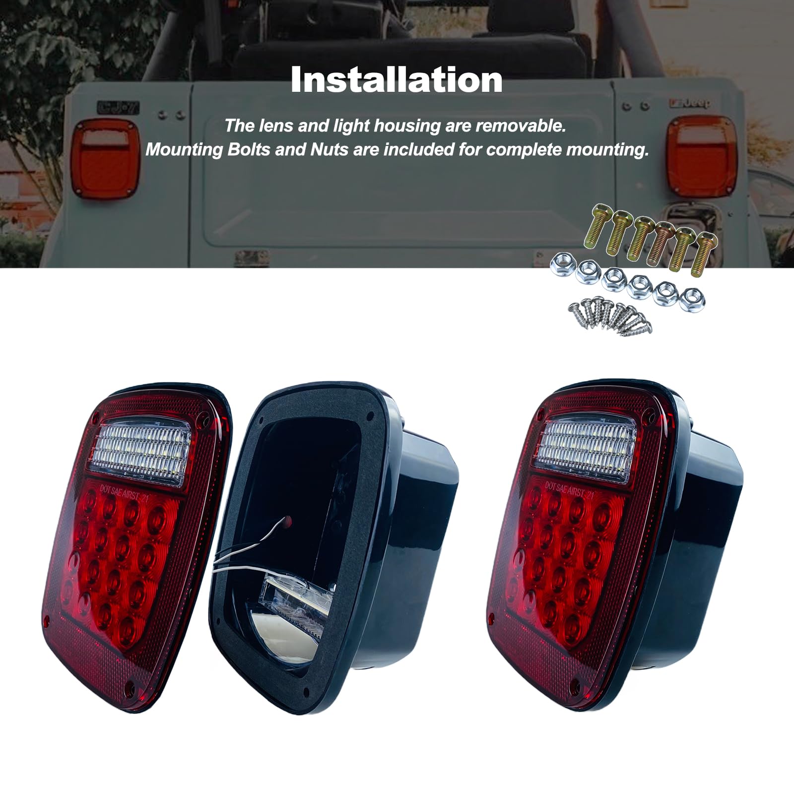 1979-2006 Jeep Wrangler TJ YJ CJ5 CJ7 Replacement Tail Lights Assembly - DOT Certified Red Square Rear Combination Lamps with Stop/Turn Signal & Side Markers (2-Piece Set) - Perfect for Off-Roading, Daily Driving & Vehicle Restoration Projects