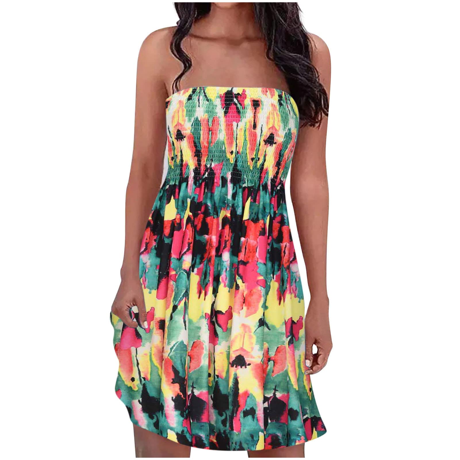 Women's Summer Bohemian Strapless Elastic Band Dress - Floral Print Sleeveless Maxi Dress for Beach, Vacation & Outdoor Parties