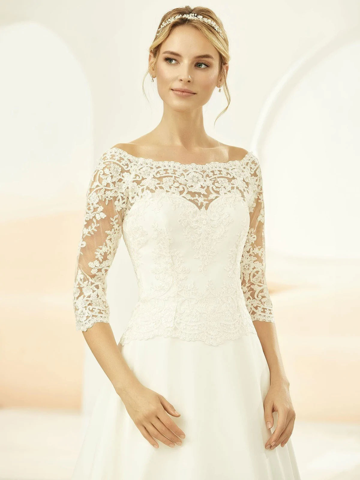 Bianco Evento Ivory Lace Bolero Bridal Cover Up - Elegant Wedding Dress Shawl for Brides, Church Ceremony & Outdoor Photo Shoots