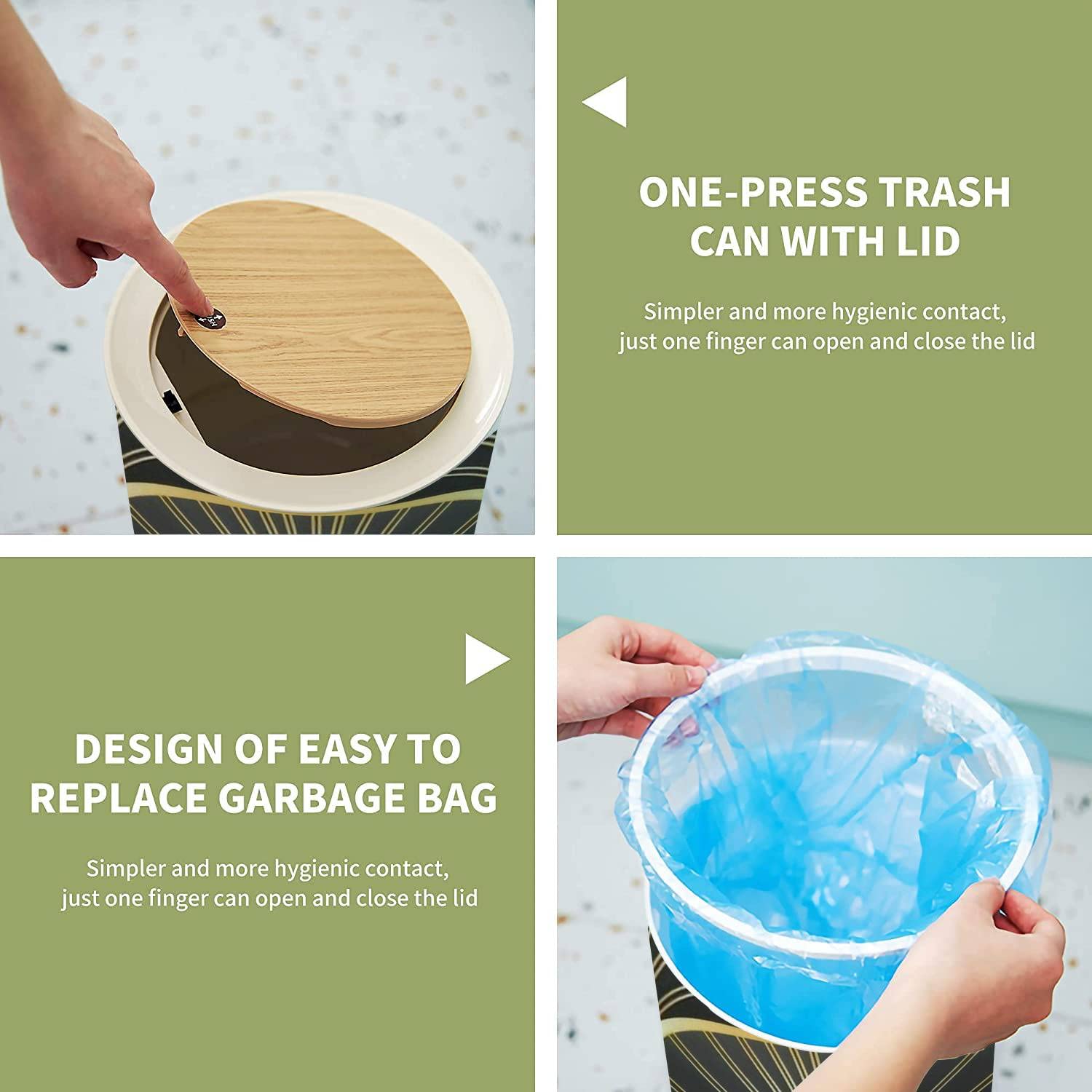Art Deco Small Trash Can with Lid - Seamless Geometric Decorative Wood Waste Bin, 8.66x14.3 Inch Round Garbage Bin with Press Cover for Bathroom, Bedroom, Office & Kitchen - Perfect for Home Decor and Waste Management