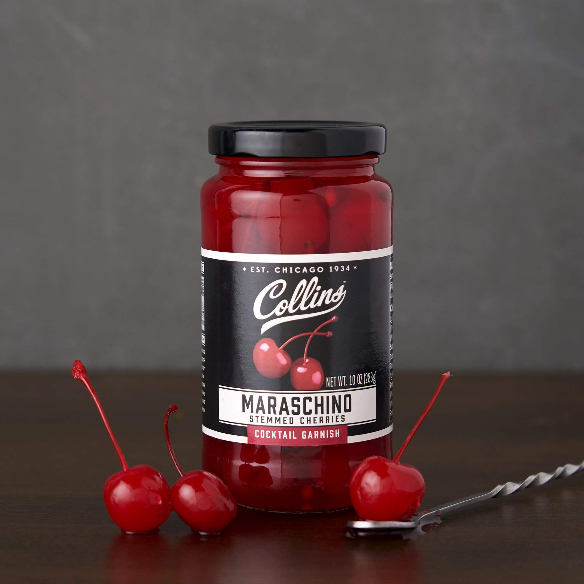 Collins 10 oz Cocktail Cherries with Stems - Premium Black Garnish for Martinis, Old Fashioned & Desserts - 10 Ounce Jar