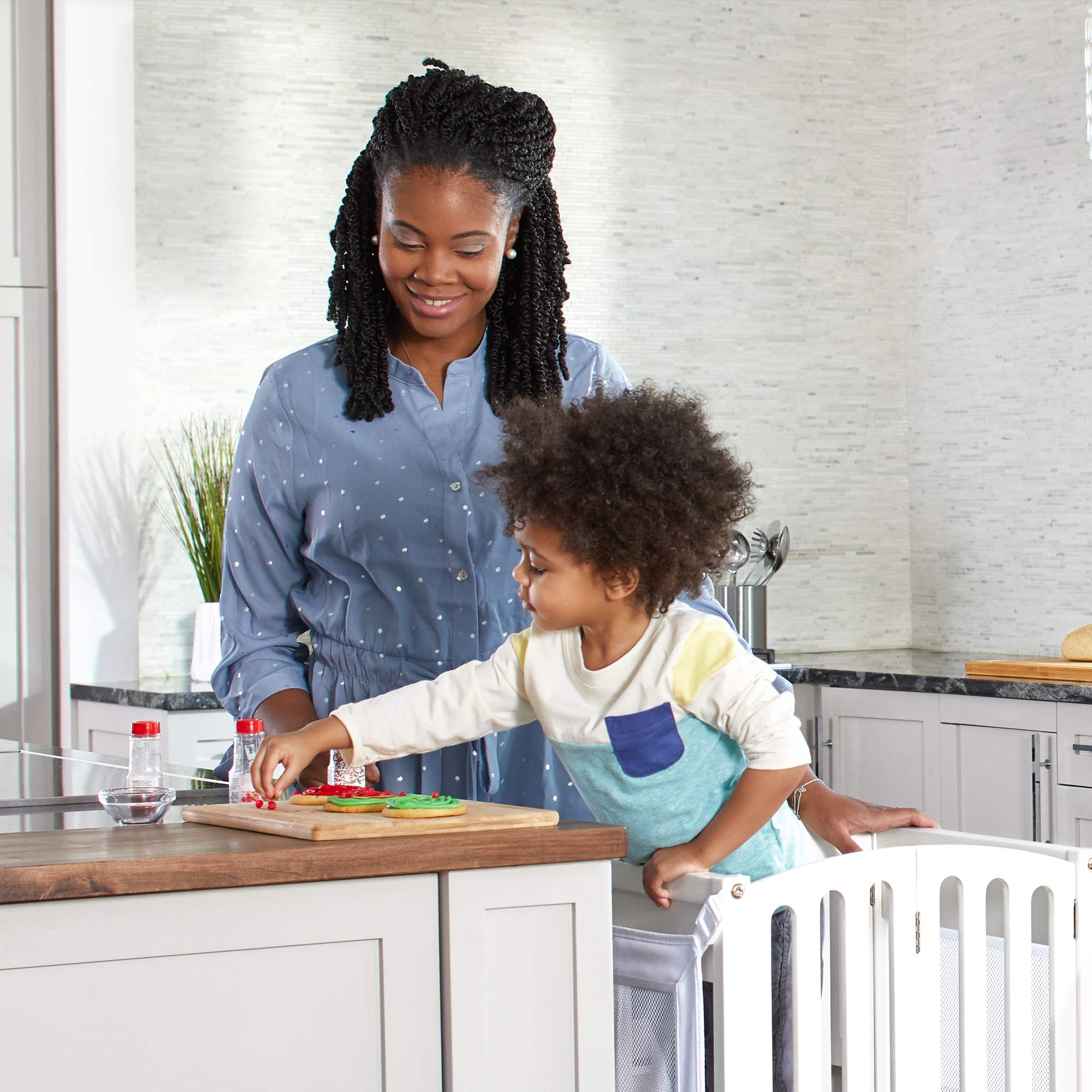 Guidecraft Kitchen Helper Toddler Tower Step Stool - Adjustable Height Montessori Learning Stool for Kids - White Wooden Foldable Step Stool for Kitchen, Baking & Cooking Activities - Safe Toddler Standing Platform