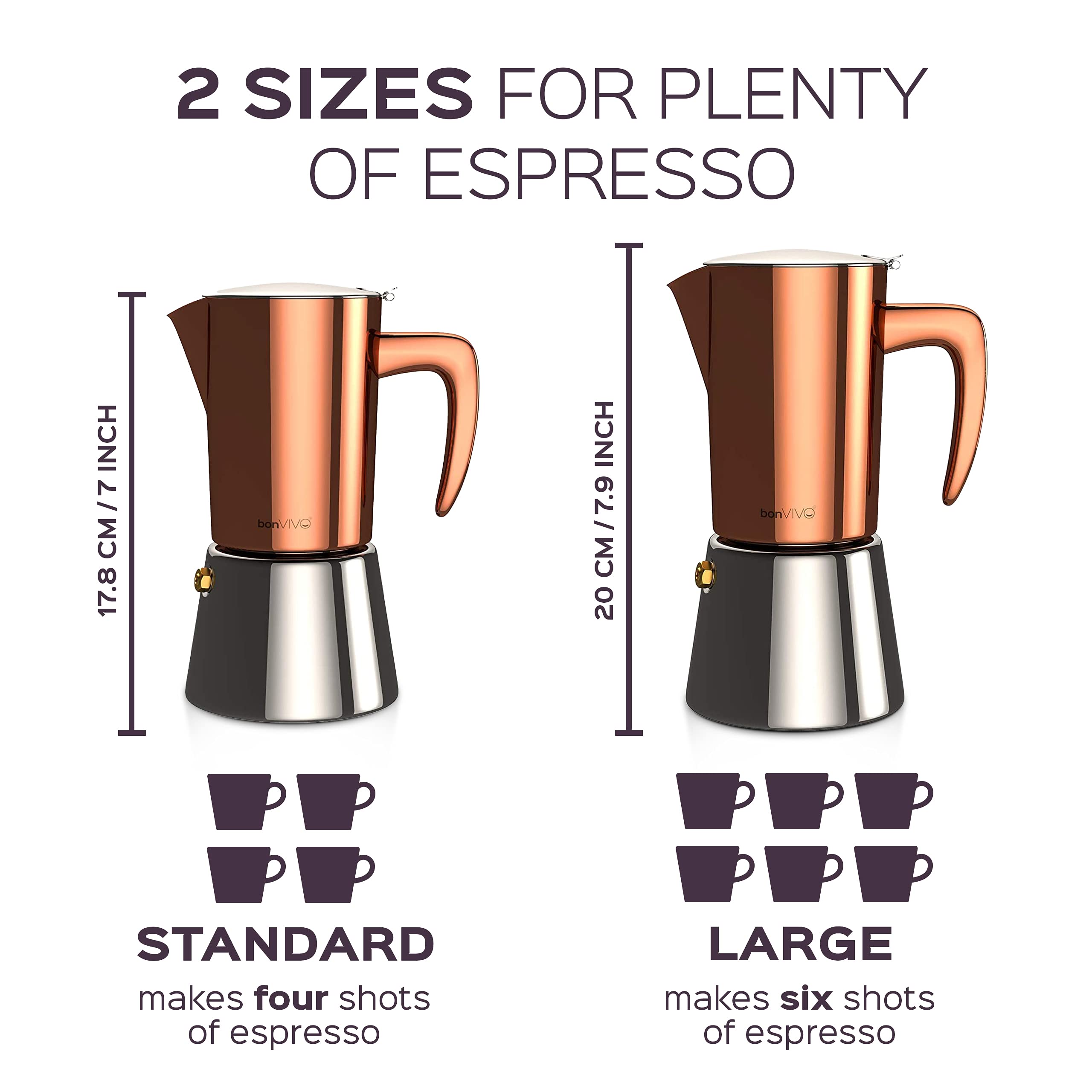 bonVIVO Intenca Stovetop Espresso Maker - Premium Stainless Steel Italian Moka Pot for Rich Coffee - 6 Cup Capacity (10oz) - Perfect for Camping, Home & Office Use - Durable Copper Finish