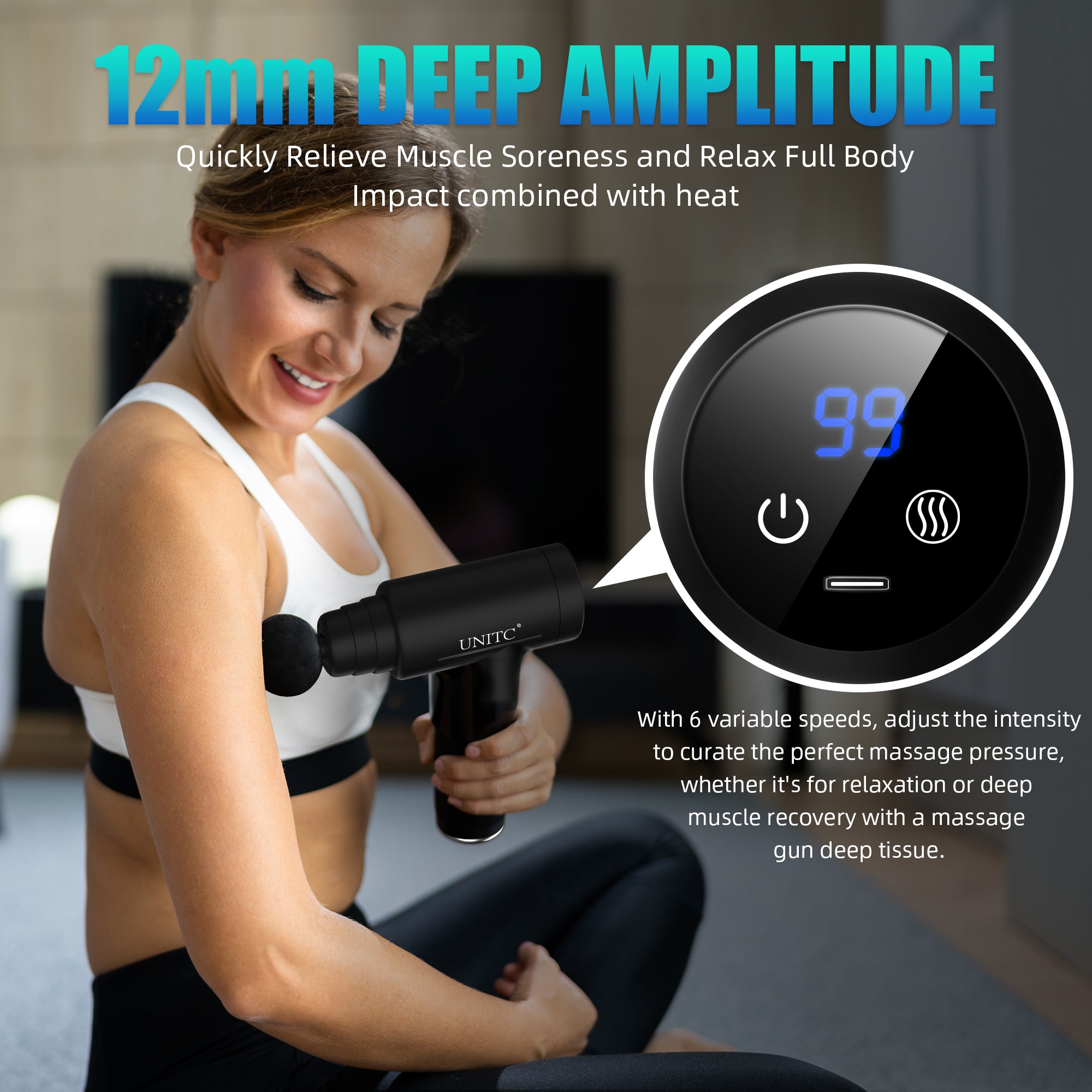Unitc Handheld Massage Gun with Heat & Cold Therapy - Deep Tissue Massager for Back, Neck & Muscle Pain Relief - 6 Interchangeable Heads - Perfect Gift for Athletes & Office Workers - Use for Post-Workout Recovery & Stress Relief