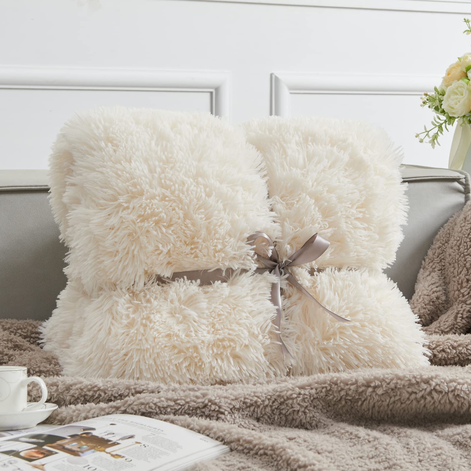 GONAAP Super Soft Faux Fur Throw Blanket - Ivory Plush Shaggy Blanket for Couch, Sofa & Bed (40