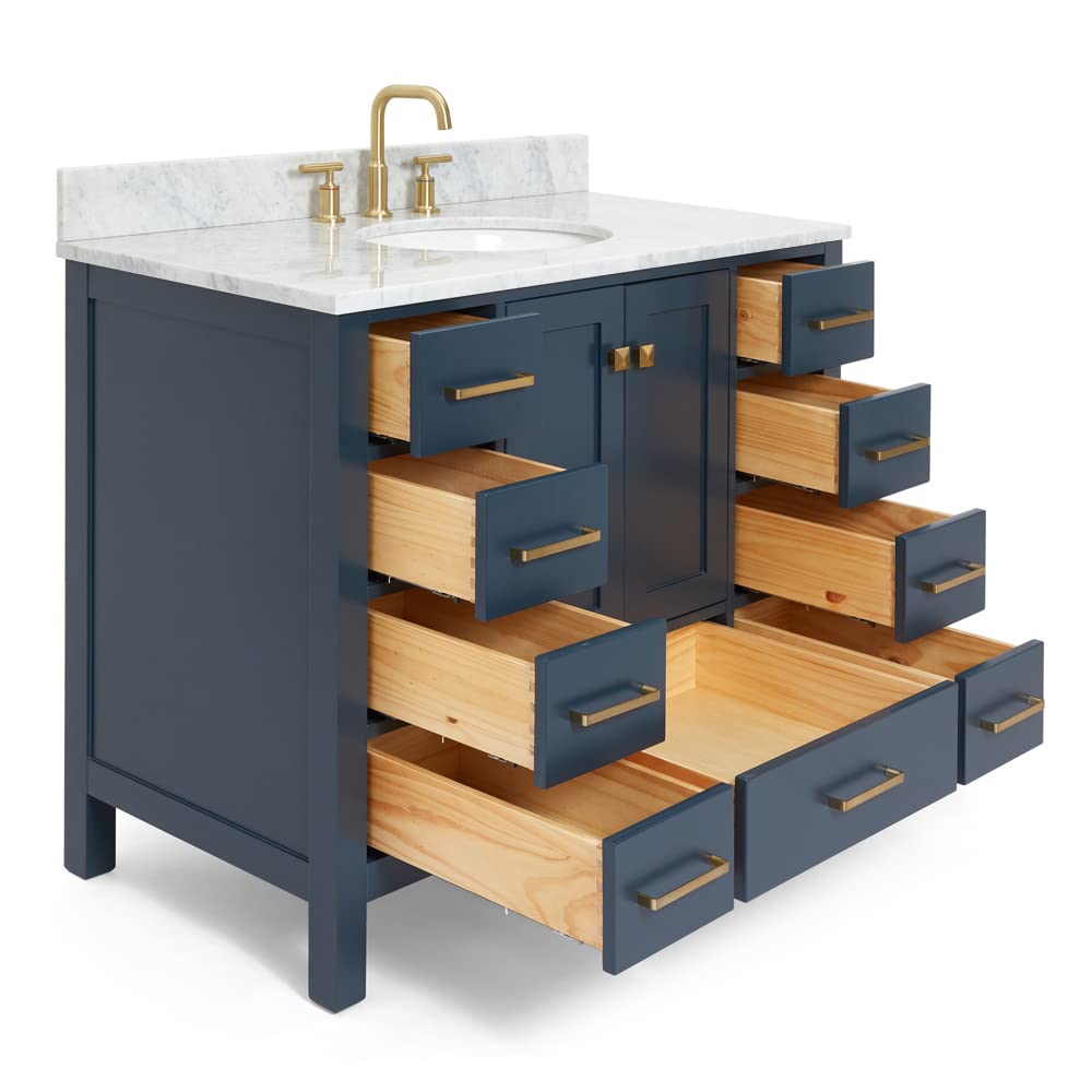 ARIEL Cambridge 43 Inch Blue Bathroom Vanity with Carrara Marble Top & Oval Sink - Solid Wood Midnight Blue Base Cabinet with 2 Soft-Closing Doors & 9 Drawers - Perfect for Modern Bathroom Renovation & Small Space Design