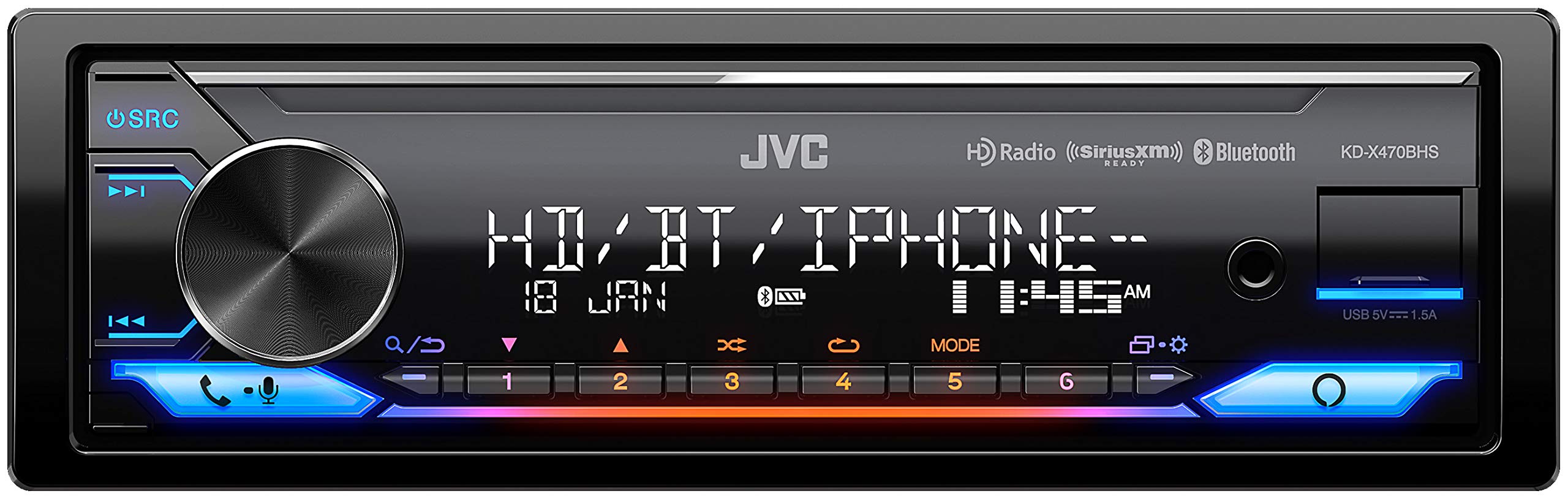 JVC KD-X470BHS Single DIN Bluetooth Car Stereo Receiver with USB Port - HD AM/FM Radio, MP3 Player, Alexa Built-in - Detachable Faceplate, 2-Line Display, 13-Band EQ (Black) - Perfect for Road Trips & Hands-Free Calling