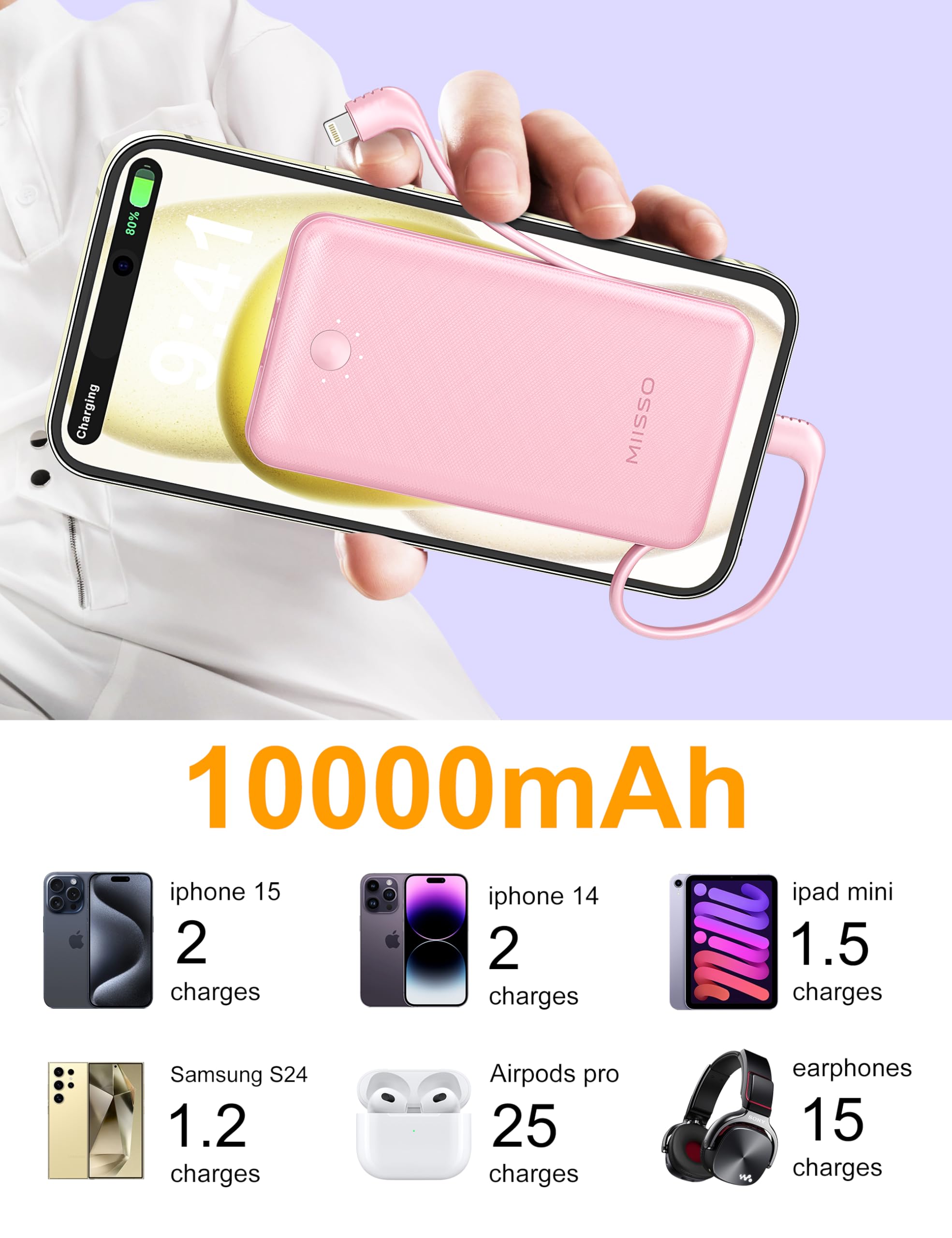 Ultra Slim 10000mAh Power Bank with Built-in Cables & AC Wall Plug - Compact USB C Portable Charger for iPhone & Samsung - Includes Purple Travel Case (Pink) - Perfect for Travel, Camping & Emergency Charging