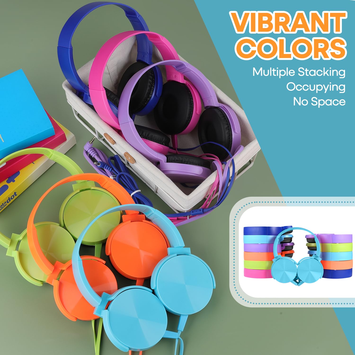 Bulk Headphones 24 Pack - Multi-Colored Swivel Earphones for Students, Classroom, School, Library & Travel | Comfortable Kids Headphones for Online Learning, Airplane Use & Distance Education