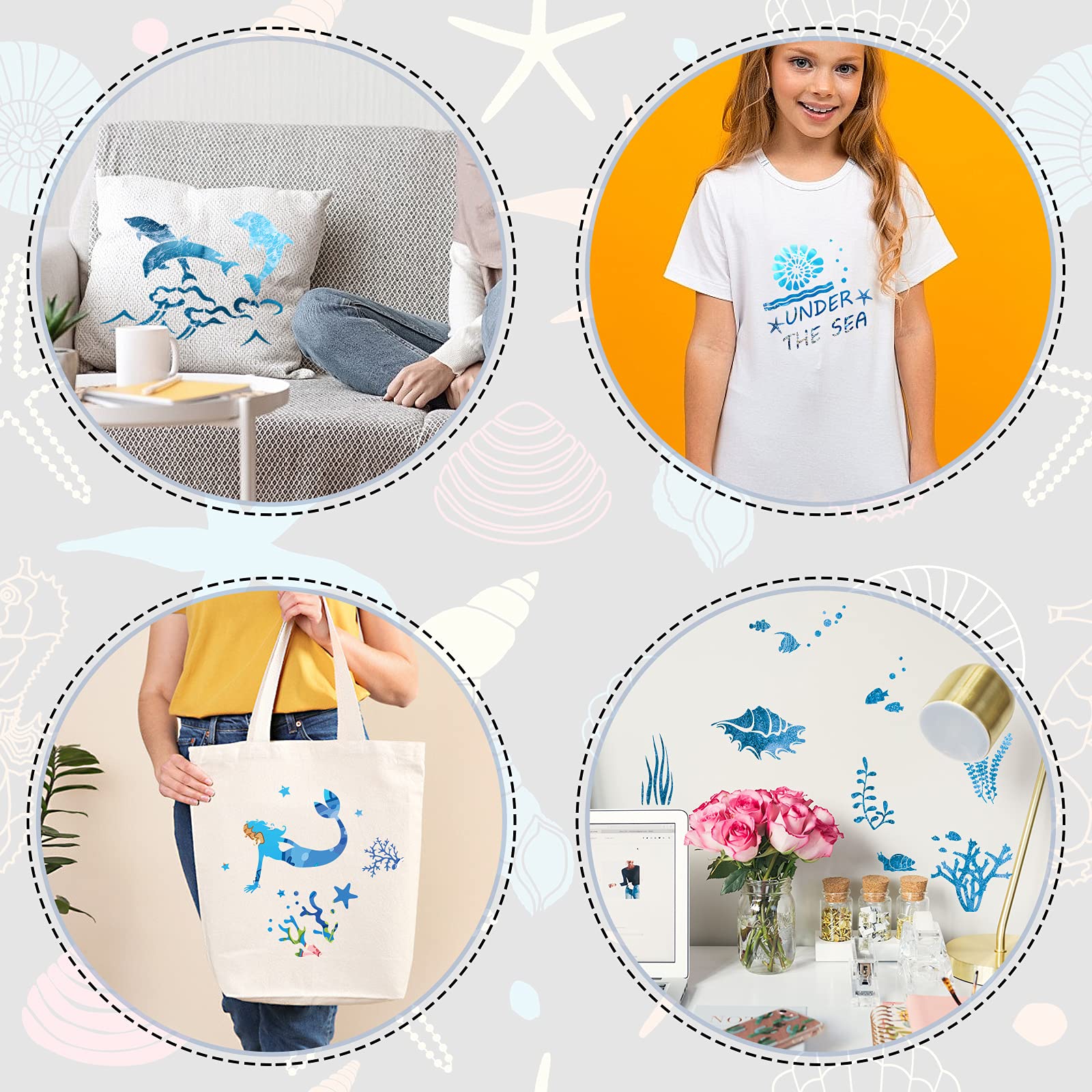 20-Piece Sea Creature Stencils Set - Mermaid, Seahorse, Jellyfish Templates for DIY Painting, Wood Crafts & Scrapbooking - Perfect for Home Decor, Kids Art Projects & Beach-Themed Parties