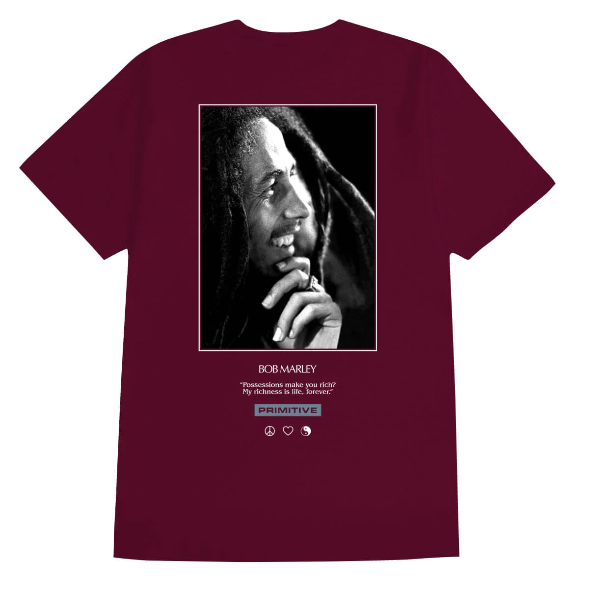 Primitive x Bob Marley Life Forever Graphic T-Shirt - Burgundy Red Cotton Tee for Men | Reggae Music Lovers & Streetwear Fashion