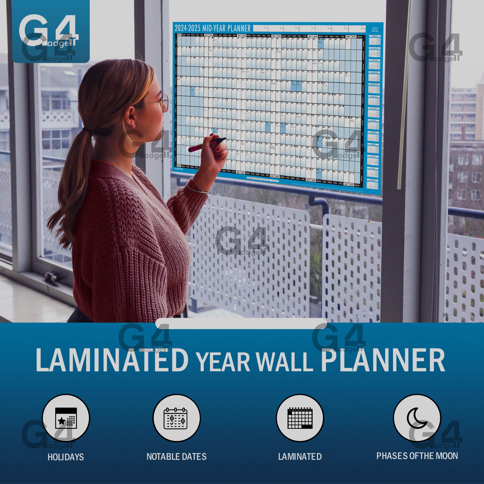 G4GADGET Academic Mid Year Planner 2024-2025 | Large A1 Size Wall Calendar (85cm x 58cm) | 13-Month Yearly Planner with UK Holidays | Perfect for Office, Home & School Organization | Great for Students, Teachers & Professionals