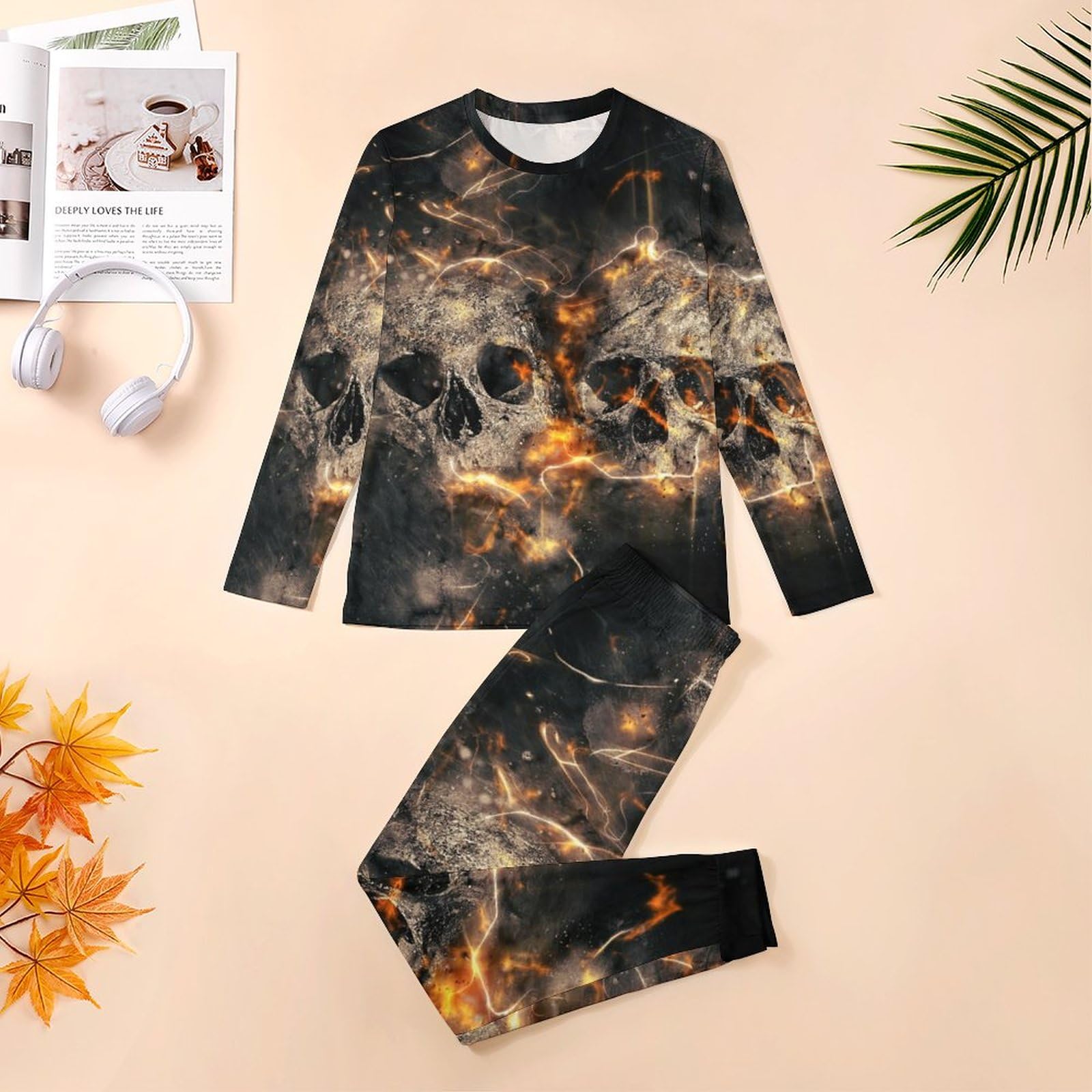 Decay Skull Men's Pajama Set - Soft Long Sleeve Sleepwear & Lounge Pjs for Comfortable Nightwear | Perfect for Halloween, Gothic Lovers & Cozy Home Relaxation