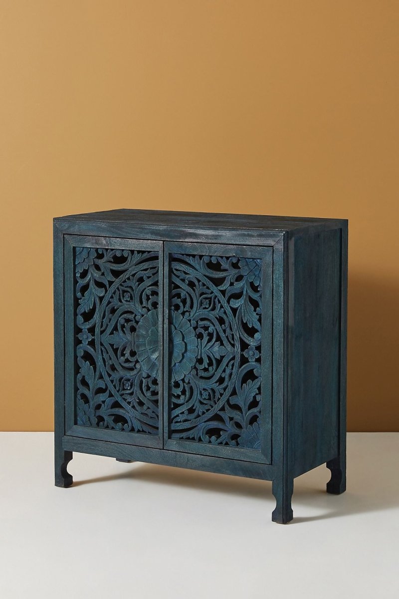 Hand Carved Lombok Entryway Cabinet in Indigo Blue - Solid Wood Storage Unit with 3 Shelves for Hallway, Living Room & Bedroom Organization