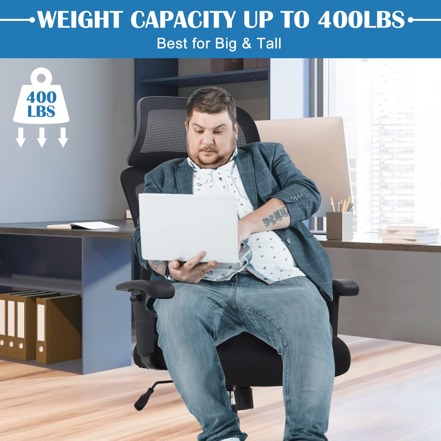 Ergonomic Office Chair - 400LBS Weight Capacity, Adjustable Height Computer Desk Chair with Lumbar Support, Breathable Mesh Executive Chair for Home Office - Perfect for Long Work Hours & Gaming Sessions