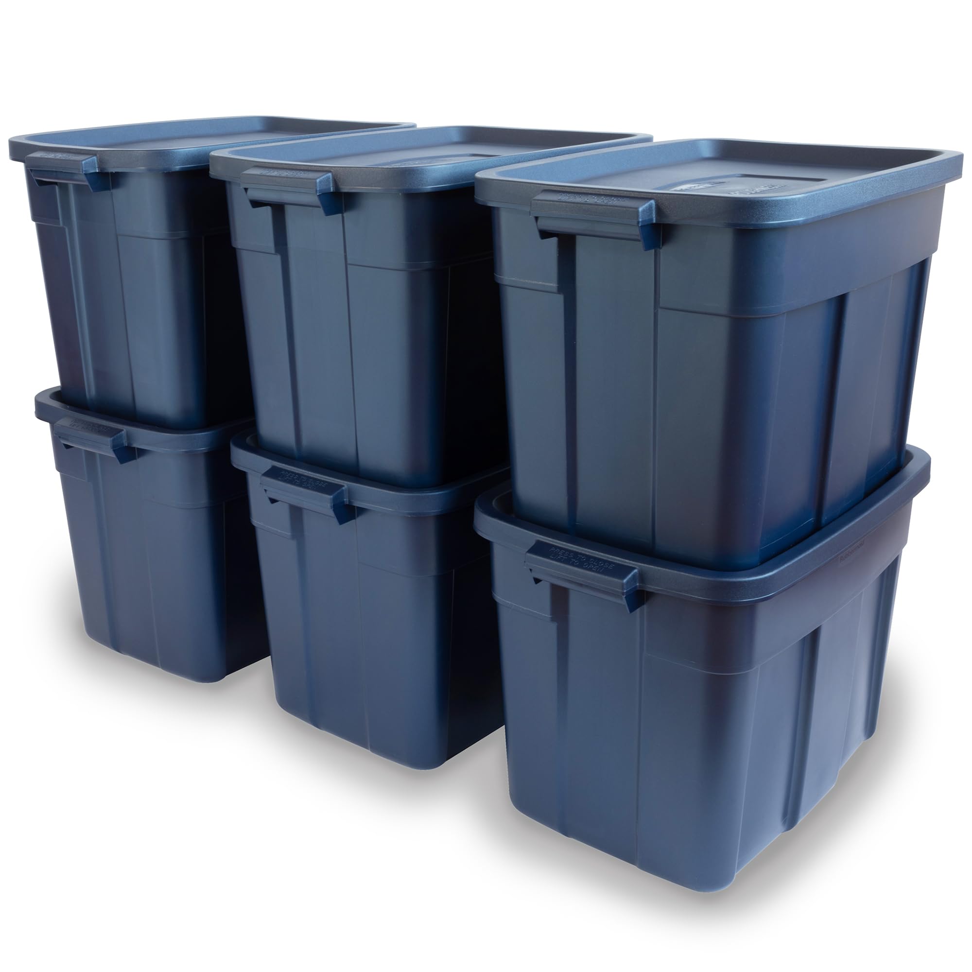 Rubbermaid Roughneck 18 Gallon Storage Totes - 6 Pack, Heavy Duty Plastic Stackable Bins with Lids & Handles, Made in USA, Dark Indigo Metallic - Perfect for Garage Organization, Home Storage & Moving Supplies