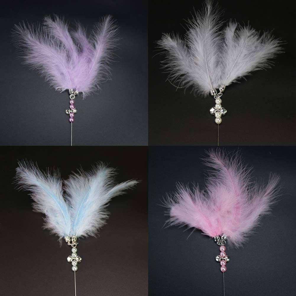 Interactive Cat Toys Feather Teaser Wand with Bell - 4 Pack Kitten Exercise Toys for Play & Hunting Instincts - Soft Furry Tail & Colorful Feathers for Indoor Fun, Training & Bonding Time