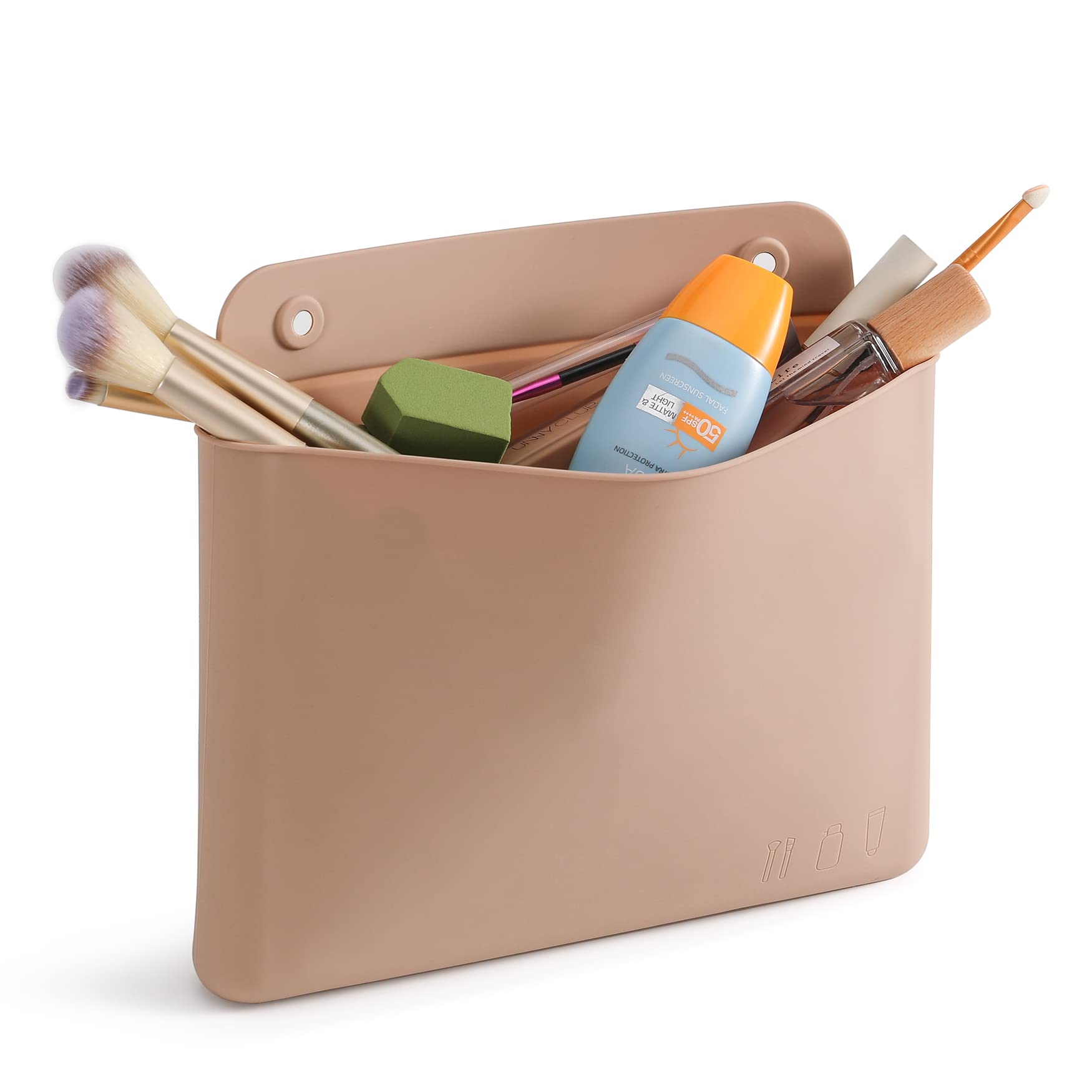 FERYES Silicone Makeup Bag for Women - Waterproof Travel Toiletry Organizer | Portable Cosmetic Pouch for Makeup, Beauty Tools & Brushes | Perfect for Gym, Vacation & Daily Use - Khaki