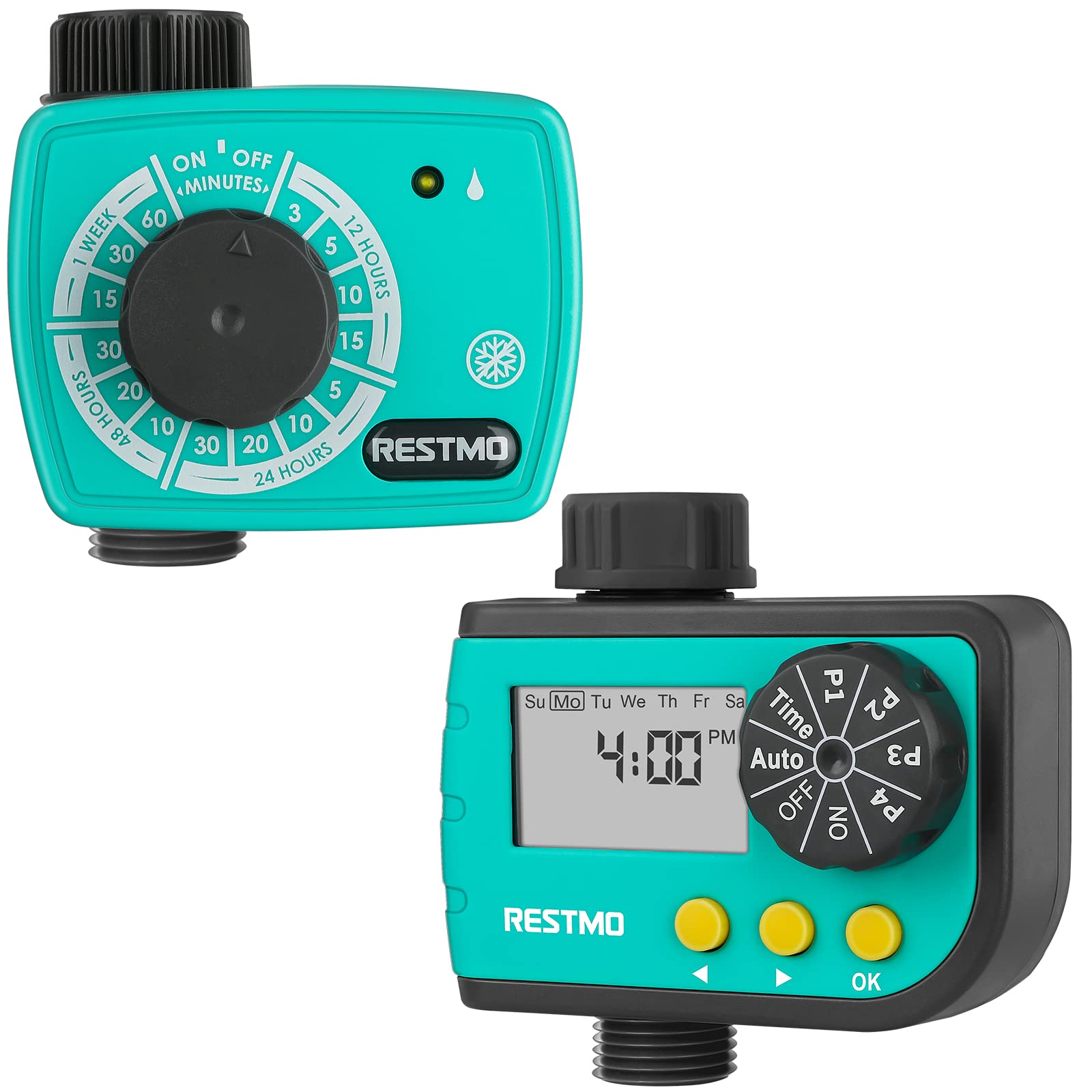 RESTMO Ball Valve Water Timer for Zero & Low Pressure Irrigation - Manual Control Digital Hose Timer for Rain Barrel, Drip System, Outdoor Garden Faucet & Lawn Sprinkler - Easy Programmable Watering Timer for Efficient Garden & Yard Maintenance