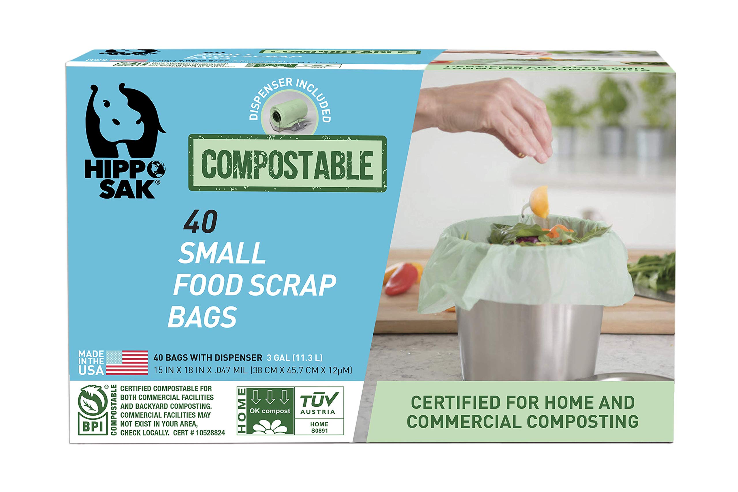 Eco-Friendly Hippo Sak Compostable Small Food Scrap Bags - 40 Count with Convenient Dispenser for Kitchen Waste, Composting & Sustainable Living
