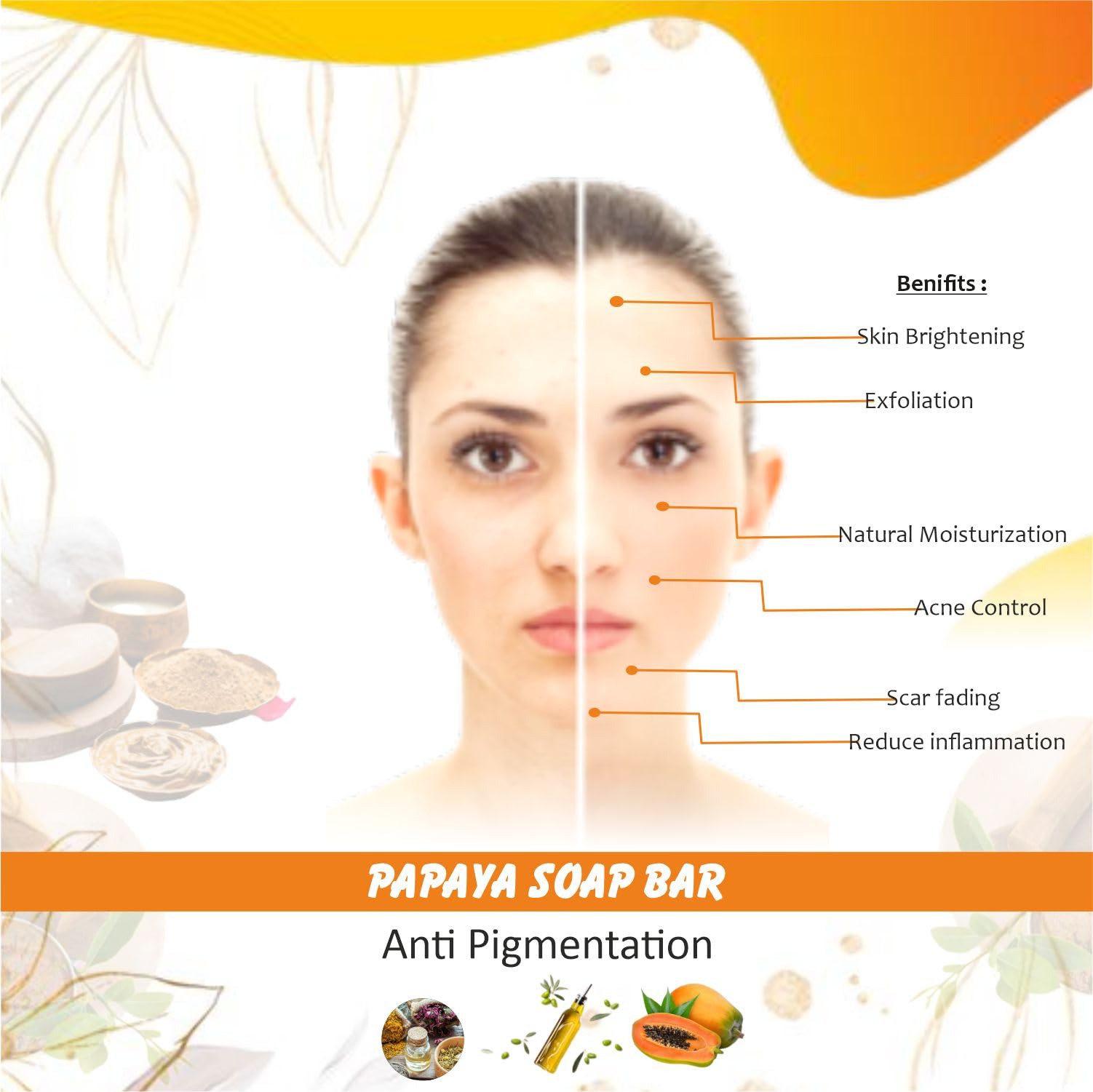 Auraavida Herbal Papaya Anti-Pigmentation Soap Bar - Brightens Skin & Reduces Dark Spots - Perfect for Acne-Prone & Uneven Skin Tone