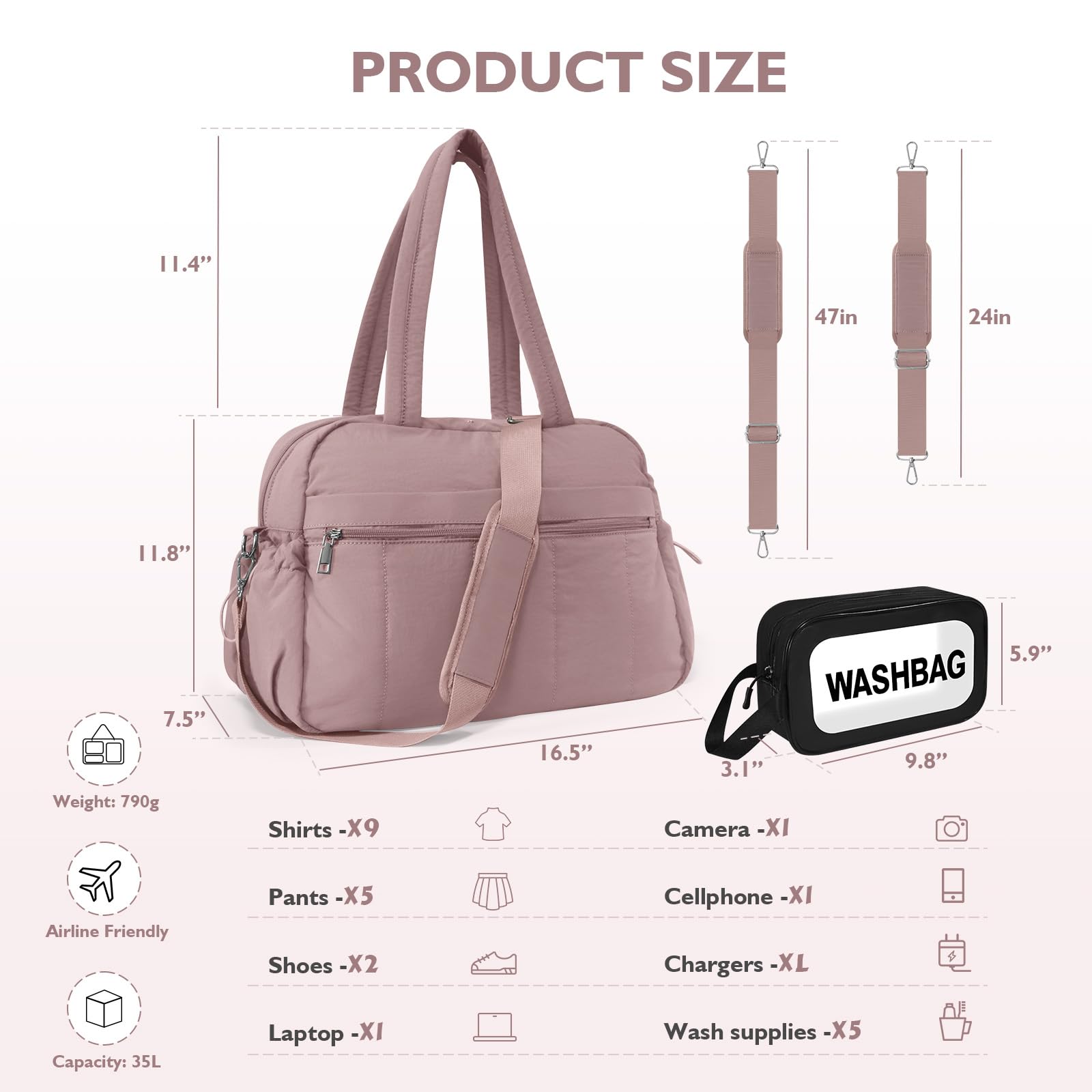 Waterproof Travel Duffle Bag for Women - Large Gym Bag with Washbag & Toiletry Pouch - Pink Weekender Carry On for Sports, Workout, Hospital & Overnight Trips - Perfect for Gym, Travel & Business Use