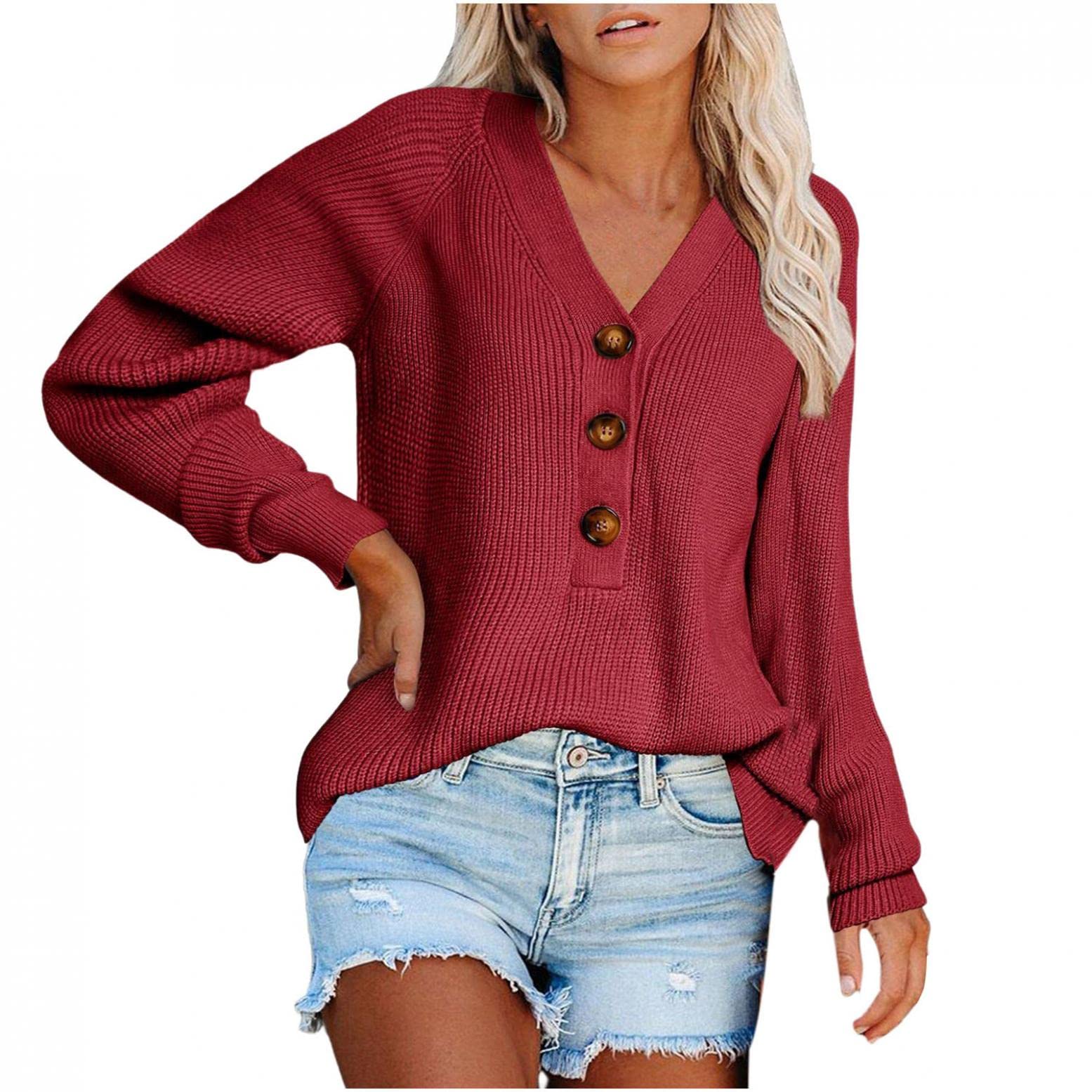 Women's Casual Button V-Neck Sweater - Lightweight Loose Ribbed Knit Long Sleeve Blouse Top for Work, Office & Fall Layering