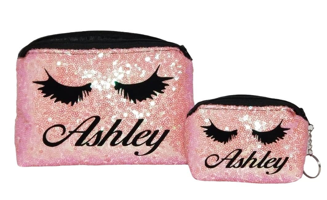 Personalized Sparkle Makeup Bag & Coin Purse Gift Set with Bling Sequin Clutch, Lashes Cosmetic Case Pouch - Hot Pink | Perfect for Travel, Bridal Party Favors & Girls Birthday Gifts
