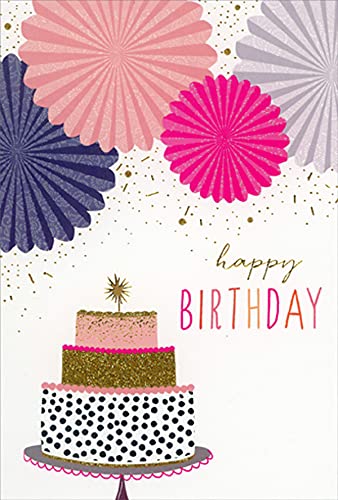 Pictura Sparkling Three-Layer Cake Birthday Card with Paper Fans - Perfect for Birthdays, Anniversaries & Special Celebrations