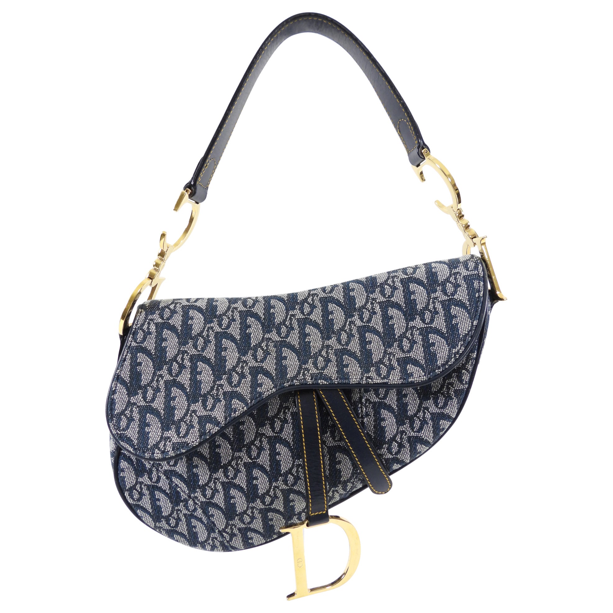 Vintage Christian Dior Saddle Bag in Blue Oblique with Gold Hardware - Perfect for Everyday Use, Parties & Fashion Events