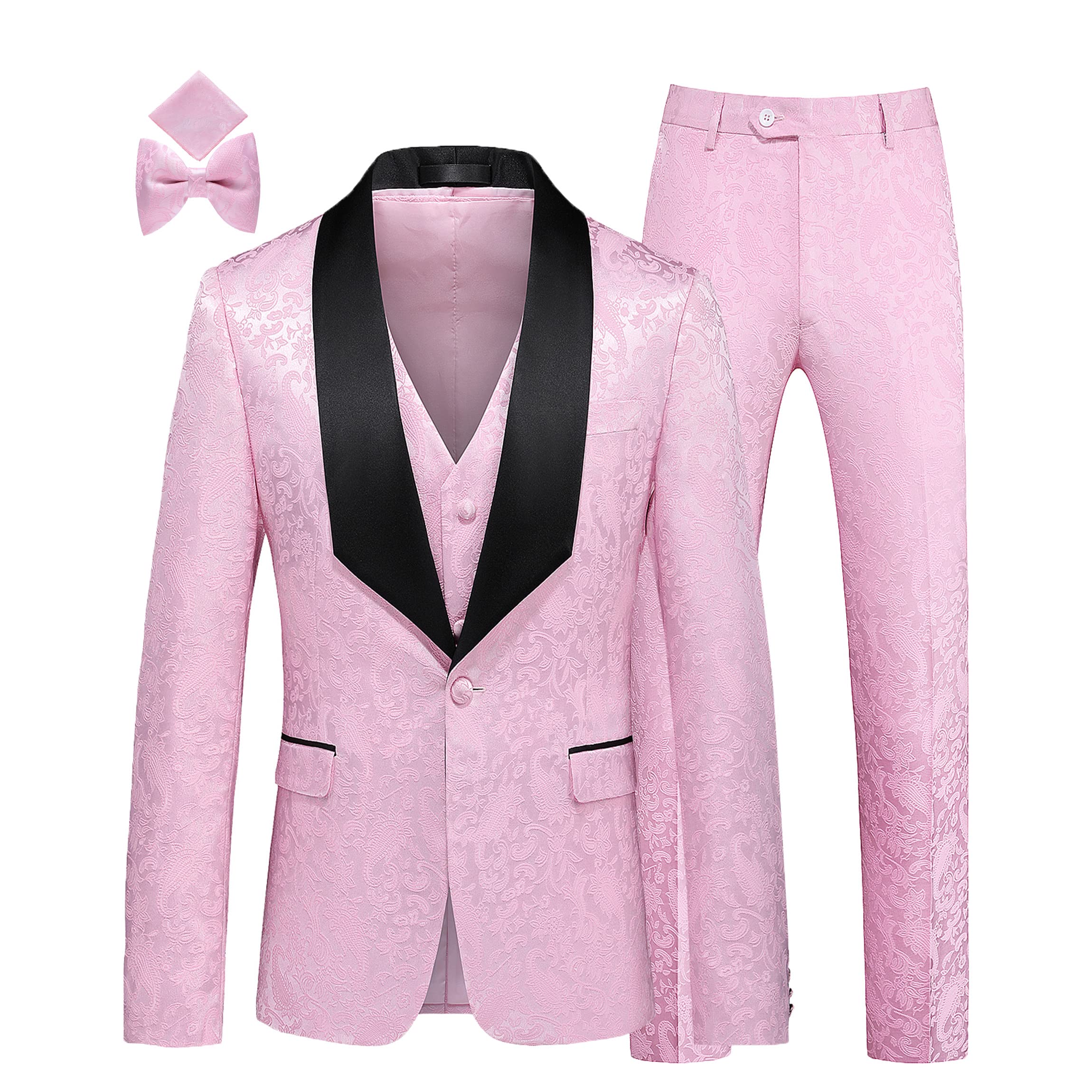 Mens 3 Piece Tuxedo Suit Slim Fit Jacquard Floral Vintage Style for Wedding, Prom, Groomsmen & Formal Events - Perfect for Special Occasions & Evening Parties