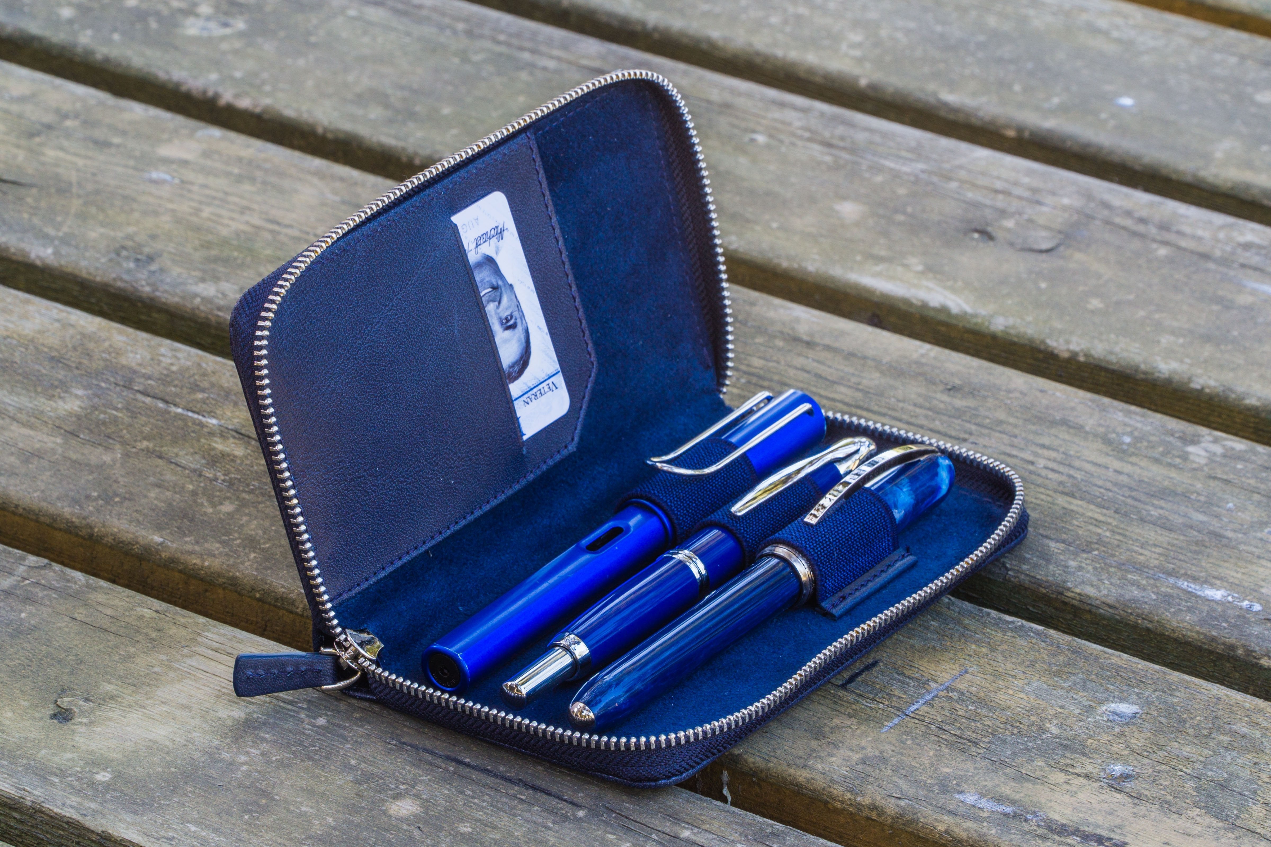 Premium Leather Zippered 3-Slot Pen Case for Fountain Pens - Navy Blue | Perfect for Office, School & Travel Organization
