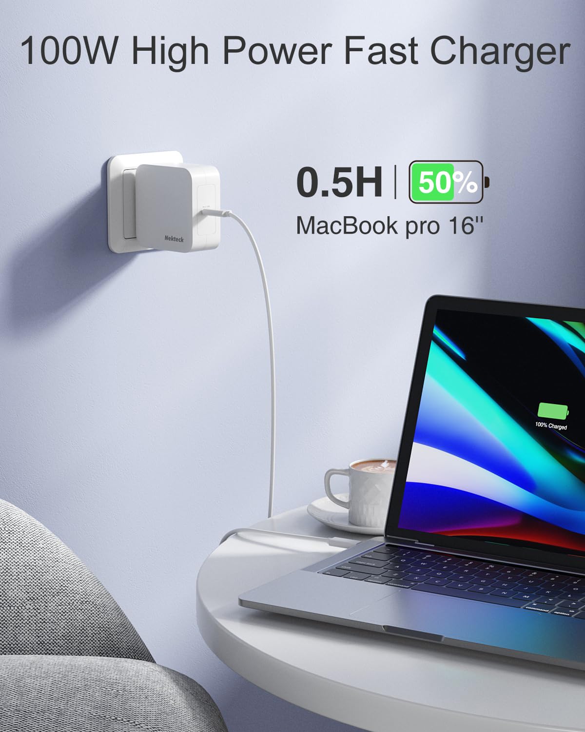 Nekteck 100W GaN IV USB C Fast Charger for MacBook Pro/Air, iPad Pro & USB C Devices - Compact Foldable Design with 6.6ft USB C to C Cable - Perfect for Travel, Office & Home Charging