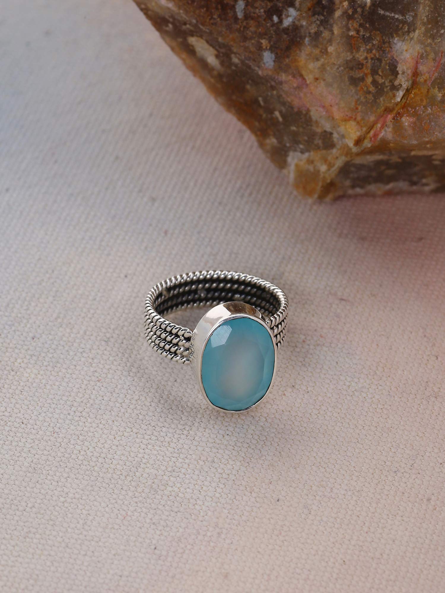 YoTreasure Aqua Chalcedony 925 Sterling Silver Braided Ring for Women - Elegant Handmade Boho Jewelry for Everyday Wear, Gift Giving & Special Occasions