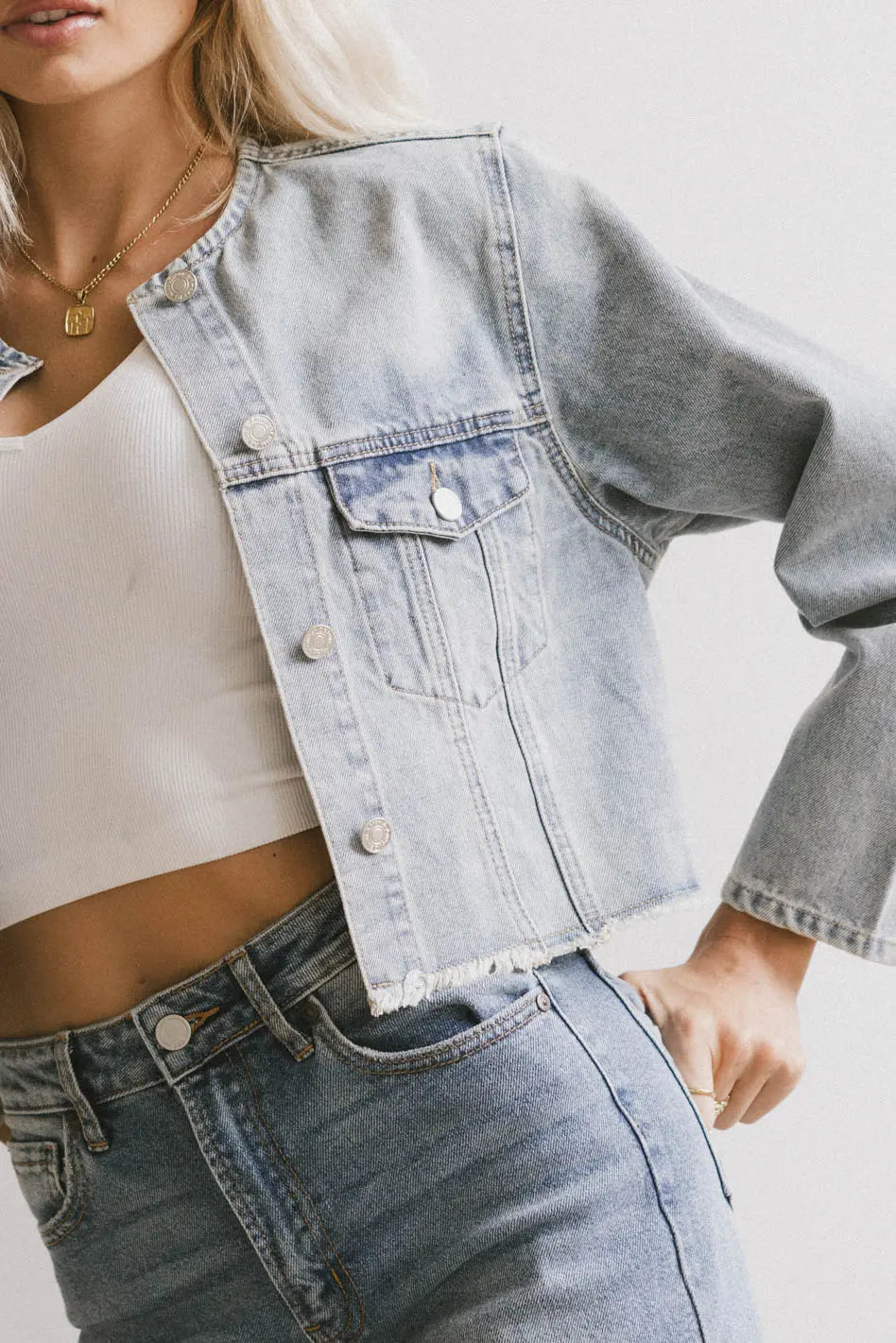 Marlowe Cropped Denim Jacket for Women - Vintage Distressed Light Wash Denim Shirt - Perfect for Spring, Fall & Casual Outfits