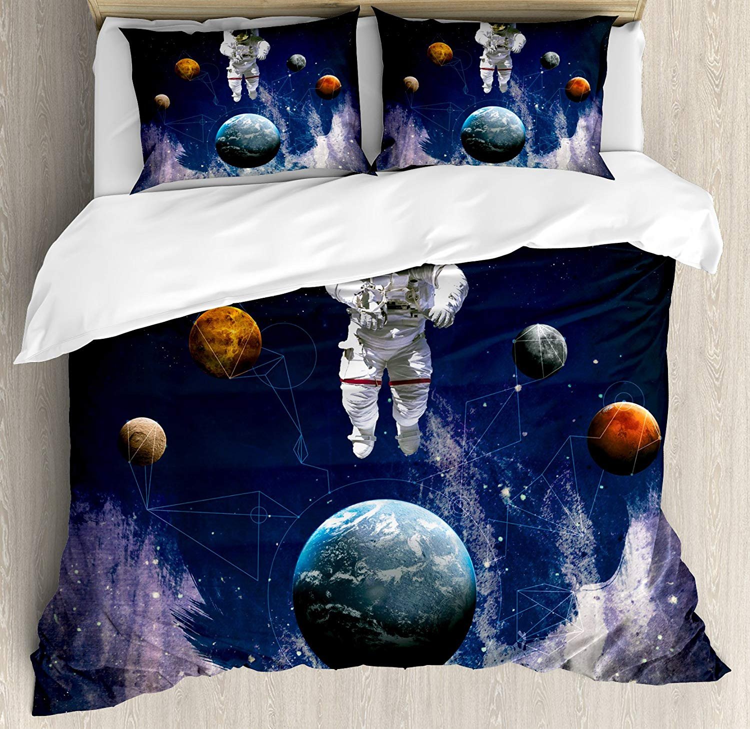 Outer Space Duvet Cover Set Twin Size - Astronaut & Planets Galaxy Theme 4-Piece Bedding Set with Quilt Cover & 2 Pillowcases | Perfect for Kids Room, Space Enthusiasts & Sci-Fi Themed Bedrooms