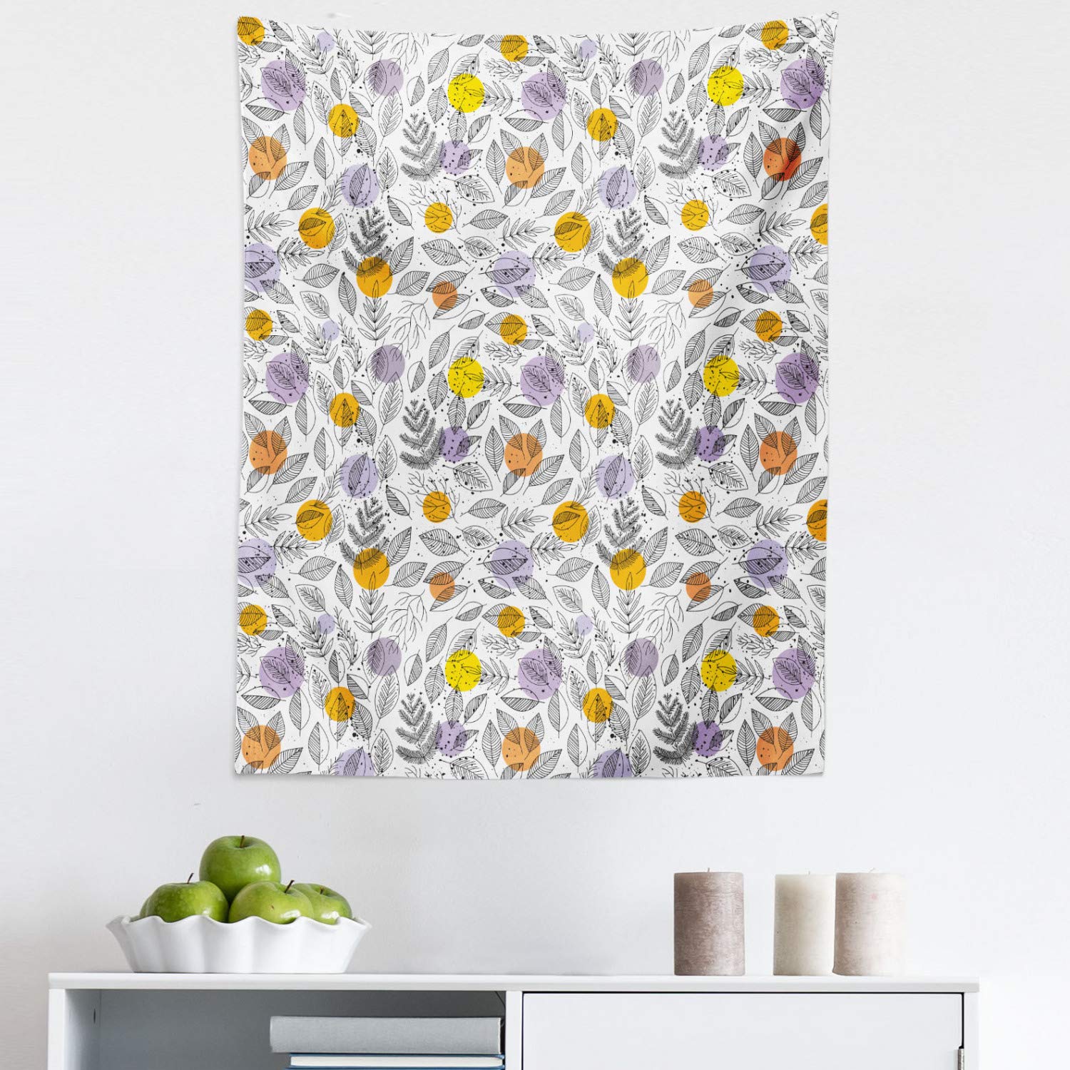 Ambesonne Botanical Tapestry Wall Hanging - Round Blotch & Striped Leaf Silhouette Art Print - 23