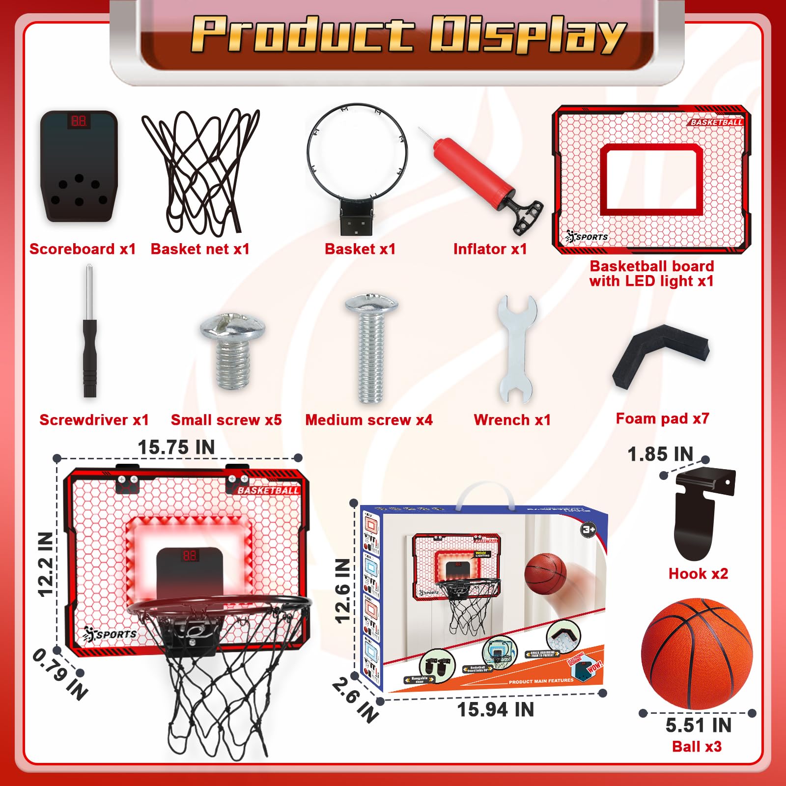LED Basketball Hoop for Kids - Indoor Mini Hoop with Scoreboard & Balls - Fun Sports Gift for Boys 5-10 Years - Perfect for Bedroom & Playroom Games