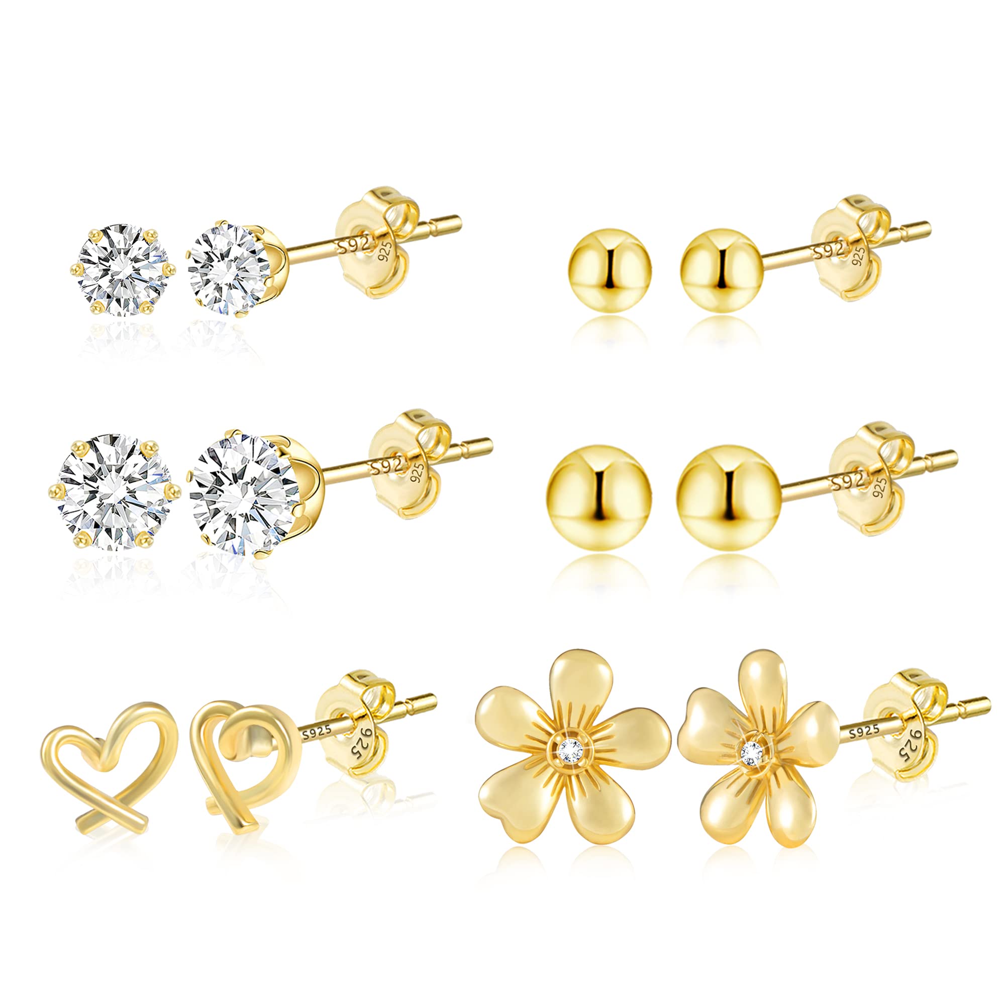 14K Gold Plated Hypoallergenic Earring Set for Women - 6 Pairs CZ Ball Studs & Small Hoops | Multiple Piercing Jewelry for Everyday Wear, Parties & Gifts