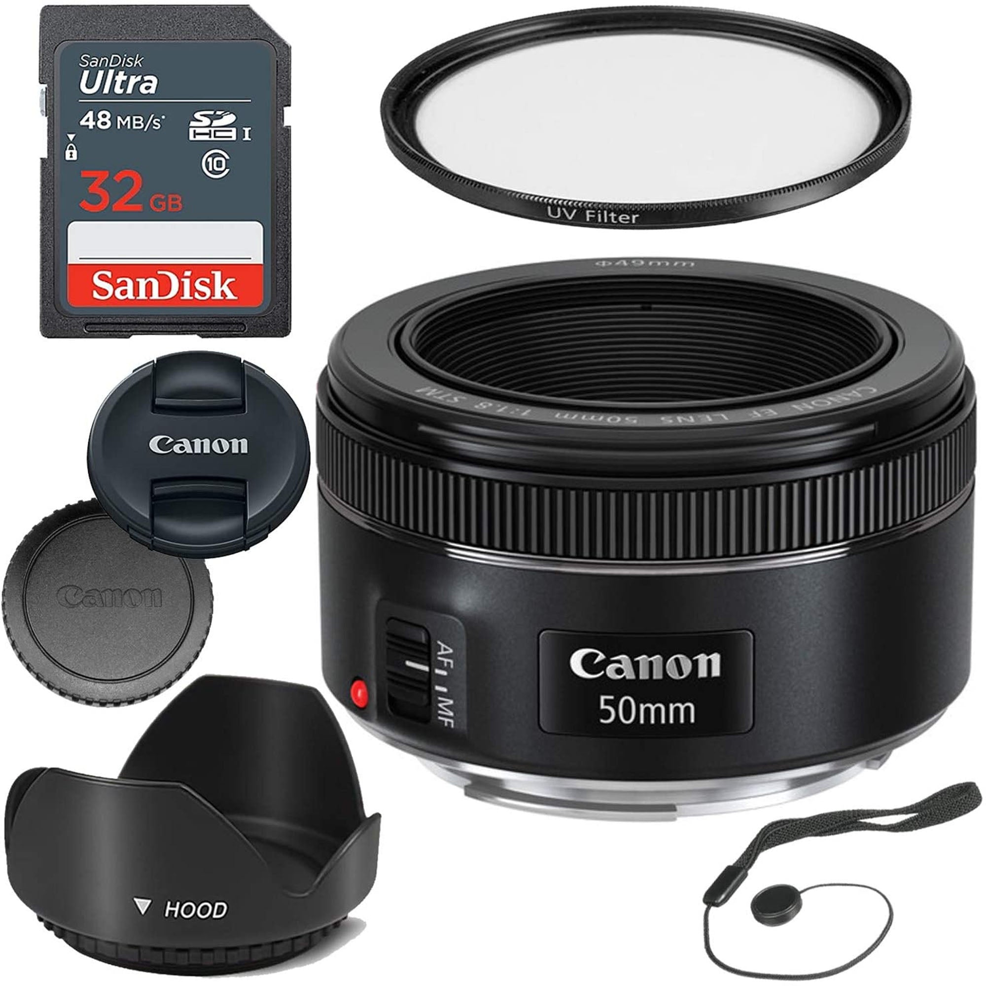 Canon EF 50mm f/1.8 STM Lens Kit with SanDisk 32GB SD Card, UV Filter & Lens Cap Keeper - Perfect for Portrait Photography, Low Light Shooting & Travel Photography